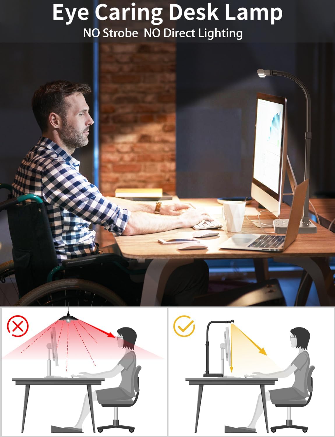 AKRRYR LED Desk Lamp for Home Office, Double Head 24W with Base, Architect Light 5 Lighting Brightness Flexible