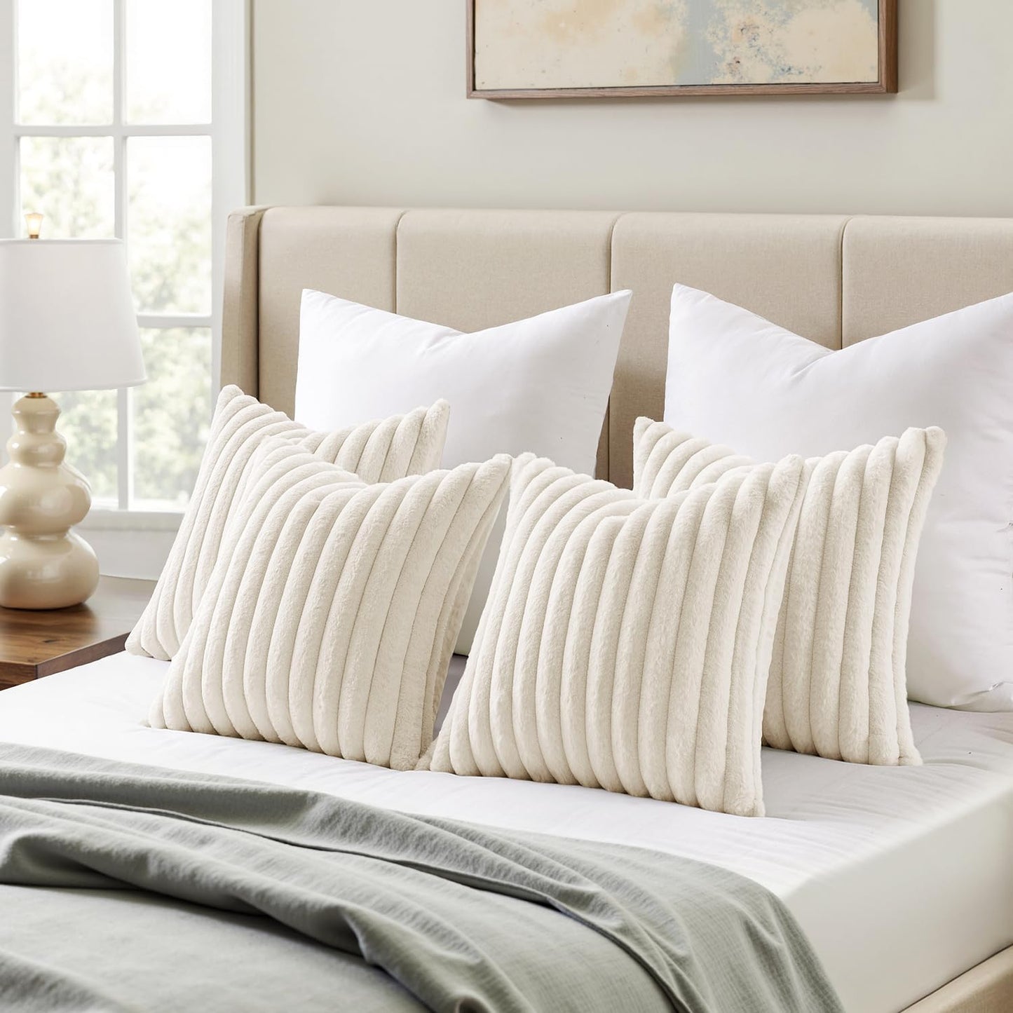 Faux Fur Plush Decorative Throw Pillow Covers / 18 x 18 / Cream White / Set of 4