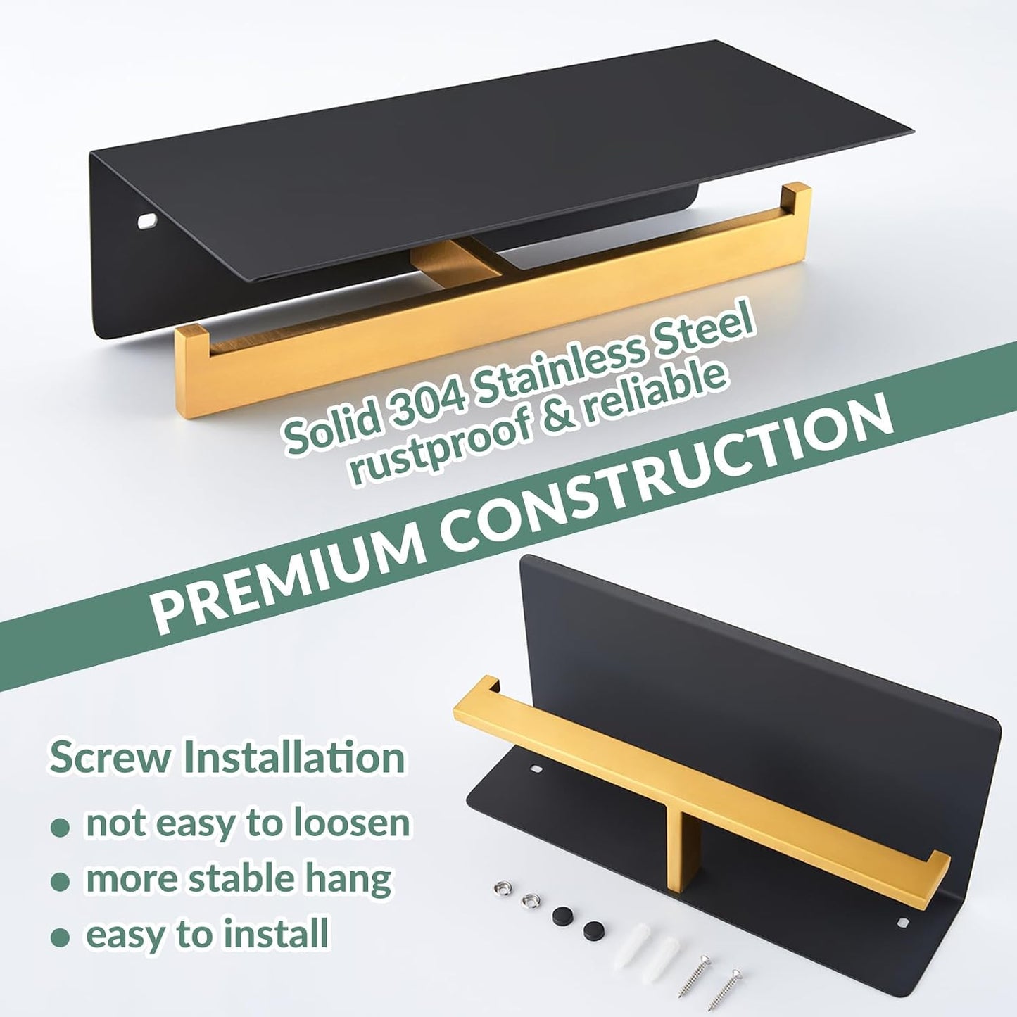 APLusee Double Toilet Paper Holder with Shelf, Black Gold, Wall Mounted | 304 Stainless Steel Tissue Holder, Rustproof