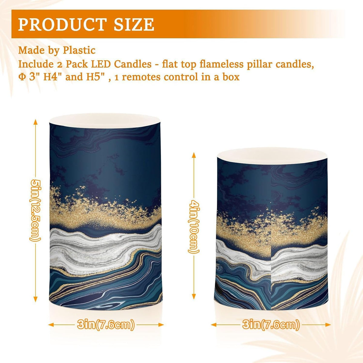 Flickering Flameless Candles, Navy Blue Marble Golden Veins LED Candles with Remote Timer, Set of 2 Battery Operated