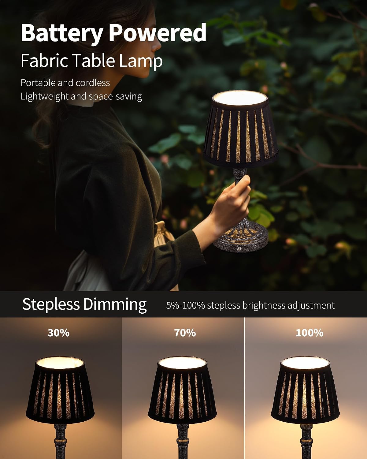 KDG Mottled Silver Cordless Table Lamps Set of 2, Black Fabric Shade Light | 2700K Stepless Dimmable 4000mAh Battery