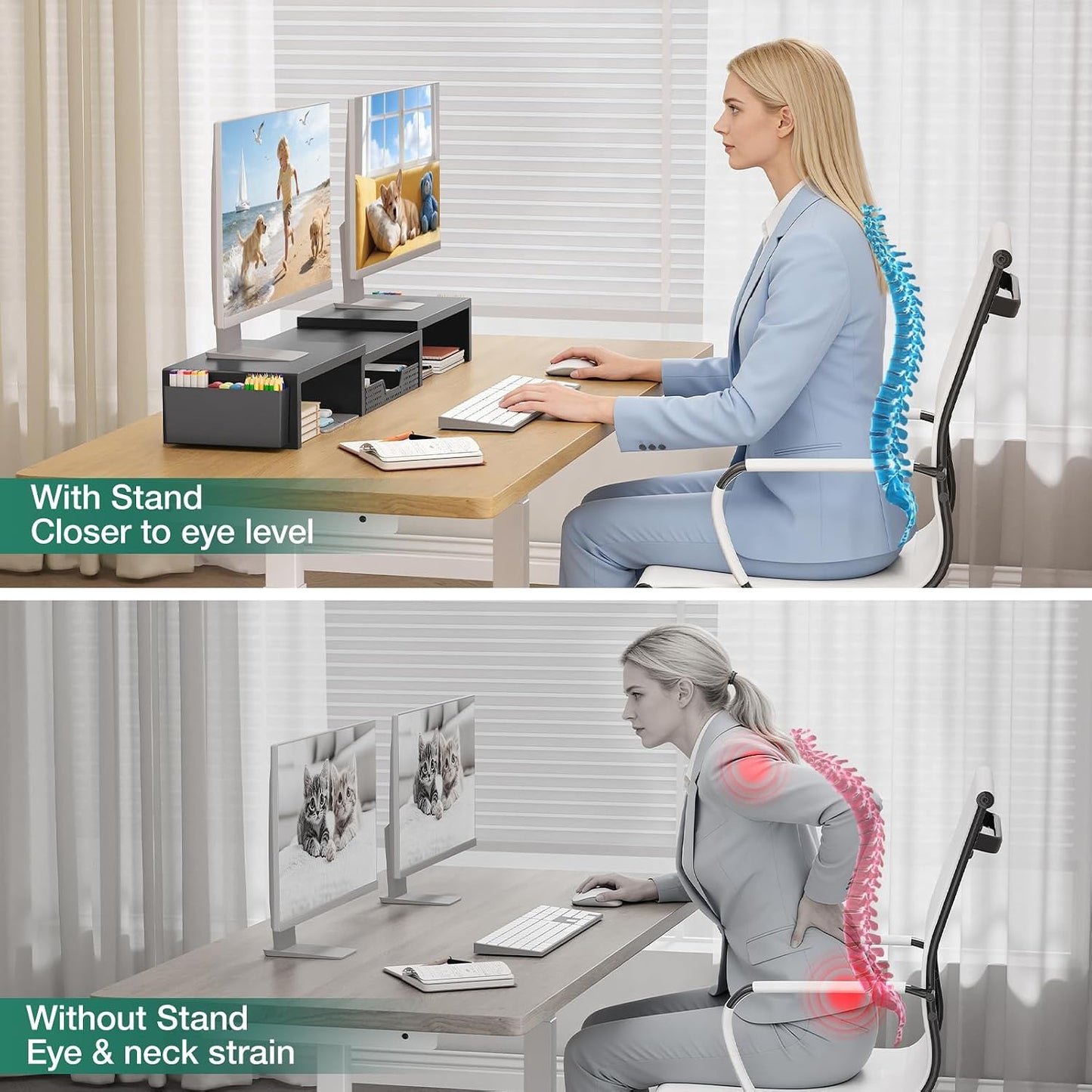 Desk Organizer and Accessories, Dual Computer Monitor Stand Riser with Drawer and 2 Pen Holders, Laptop Stand, Office