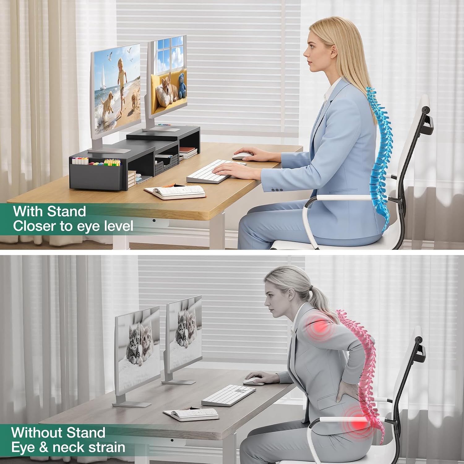 Desk Organizer and Accessories, Dual Computer Monitor Stand Riser with Drawer and 2 Pen Holders, Laptop Stand, Office