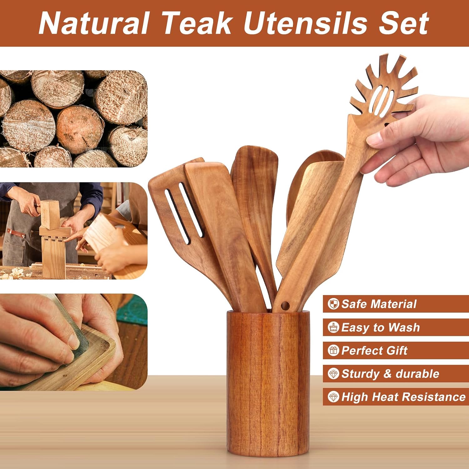 9 Pcs Wooden Kitchen Utensils Set with Holder Cooking Spoons Wood Spatula | Acacia Wood Spoons for Cooking Utensils