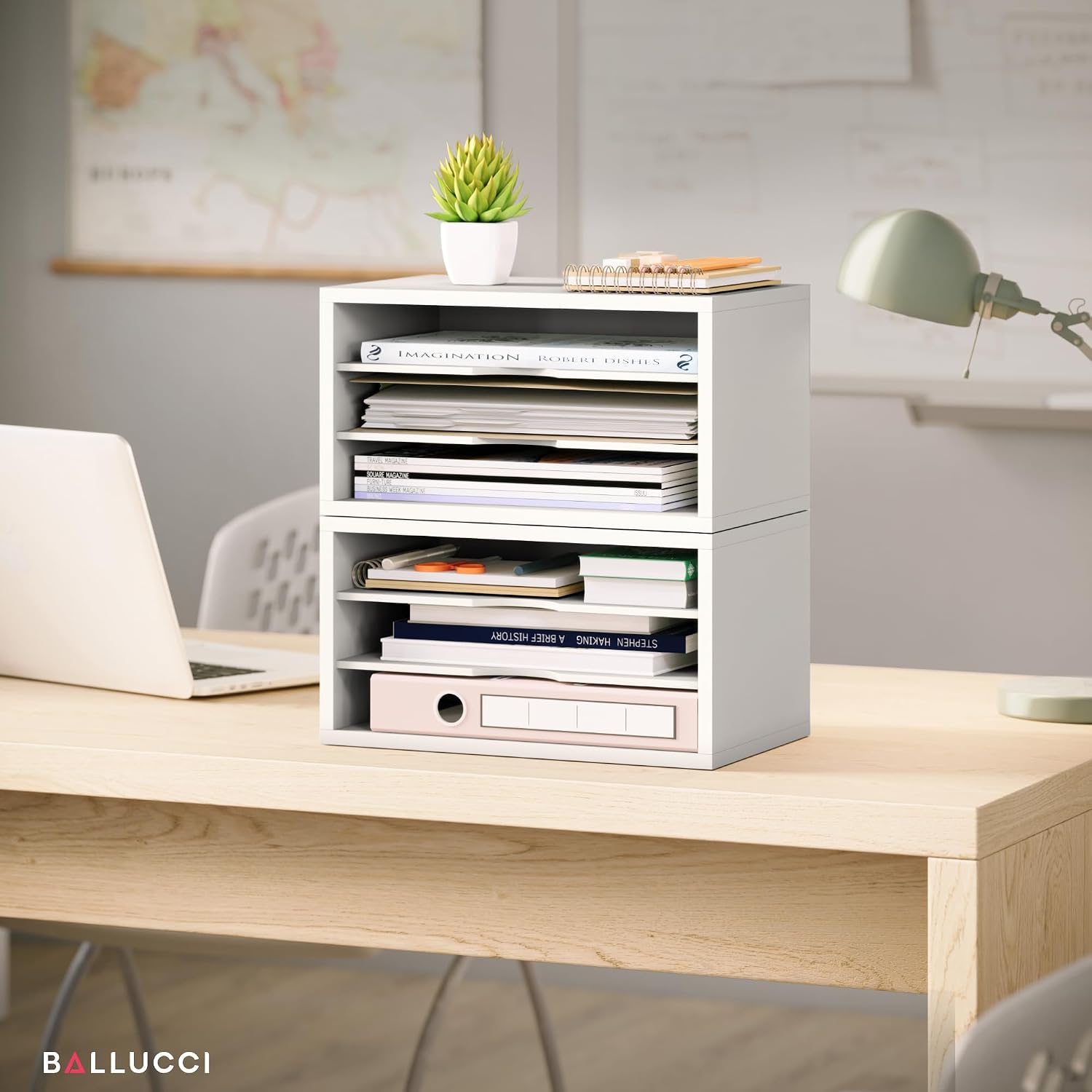 Ballucci File Organizer, 3-Tier Document Paper Sorter, Stackable Wood Desk Organizer, Mail Sorter and Monitor Stand