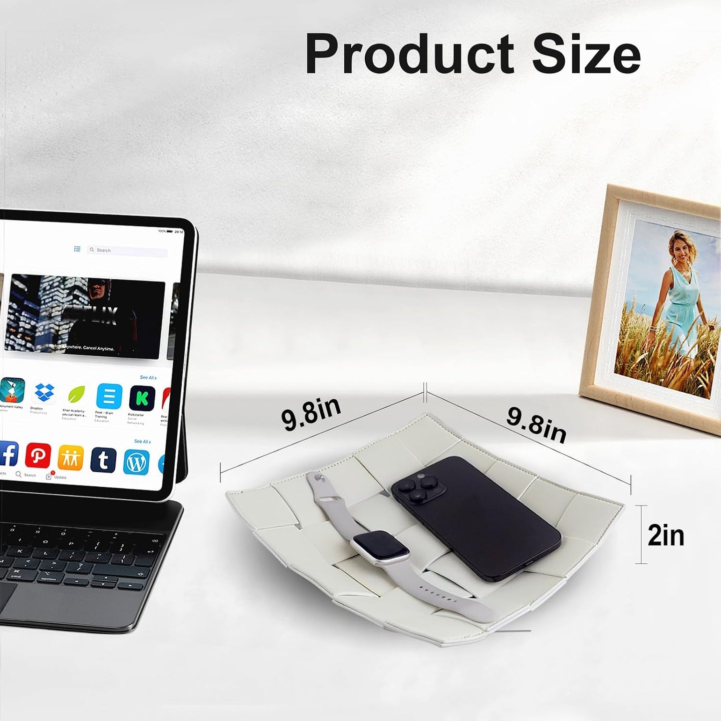 Valet Tray for Men and Women PU Leather Key Holder Bowl for Entryway Table Bedside / White