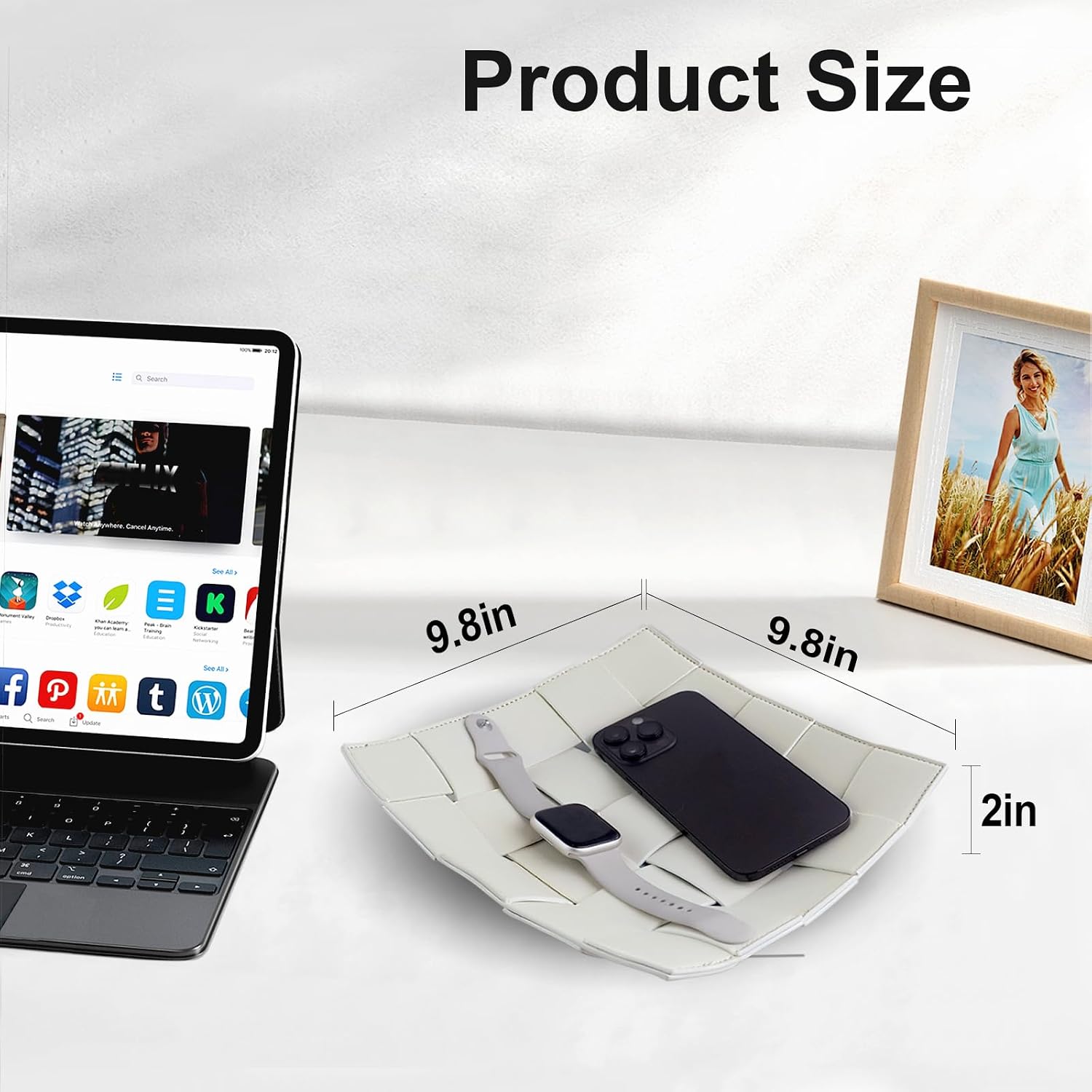 Valet Tray for Men and Women PU Leather Key Holder Bowl for Entryway Table Bedside / White
