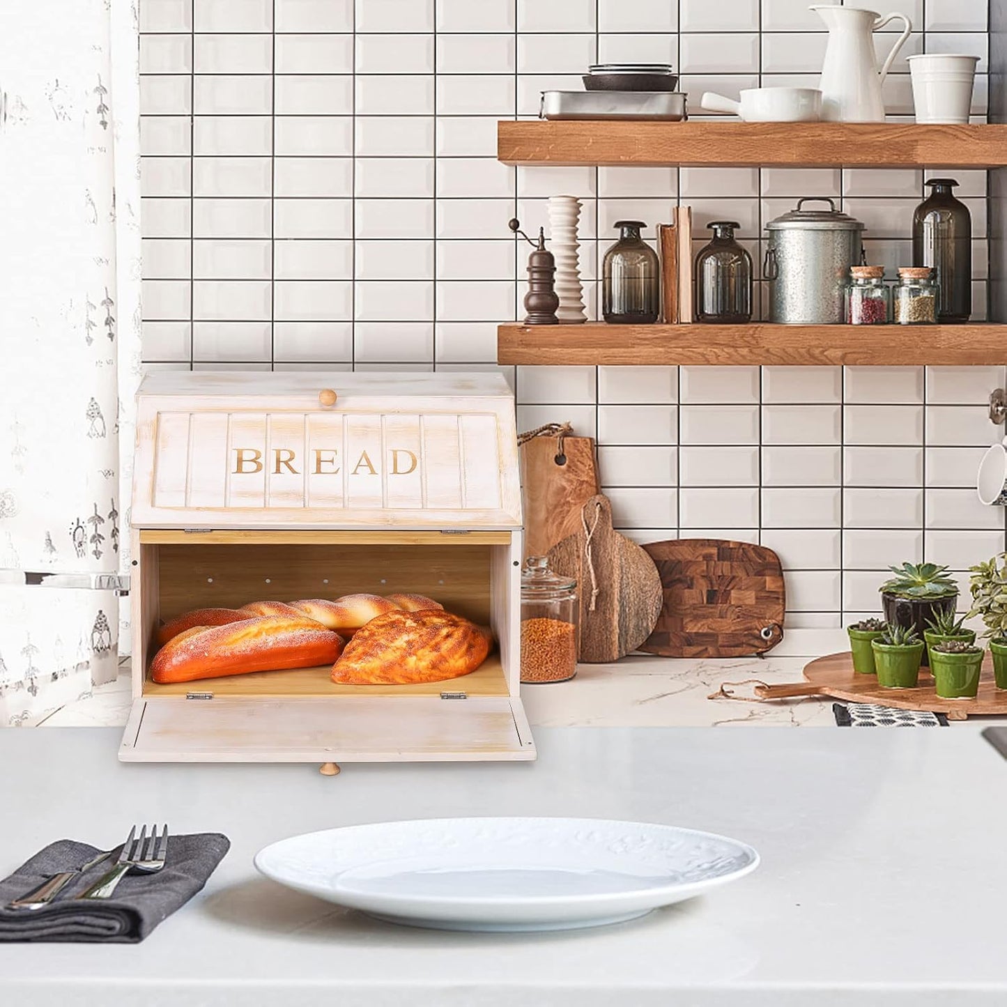 HOMEKOKO Vintage Double Layer Farmhouse Bread Box for Kitchen Counter,White | Keeps Bread Fresh 3-4 Days, 2-Tier