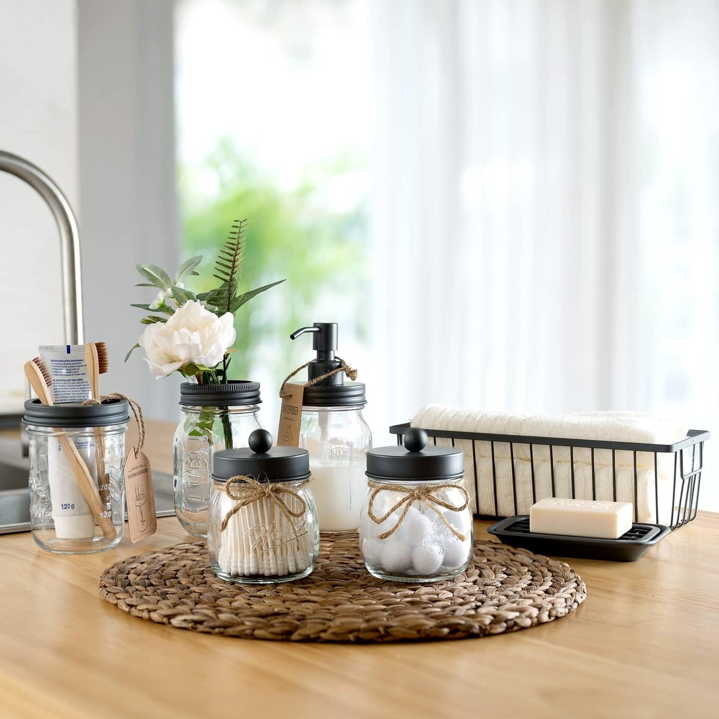 SheeChung Mason Jar Bathroom Accessories Set, 6Pcs Rustic Bathroom Set,Grey | Glass Bathroom Accessory Set, Soap