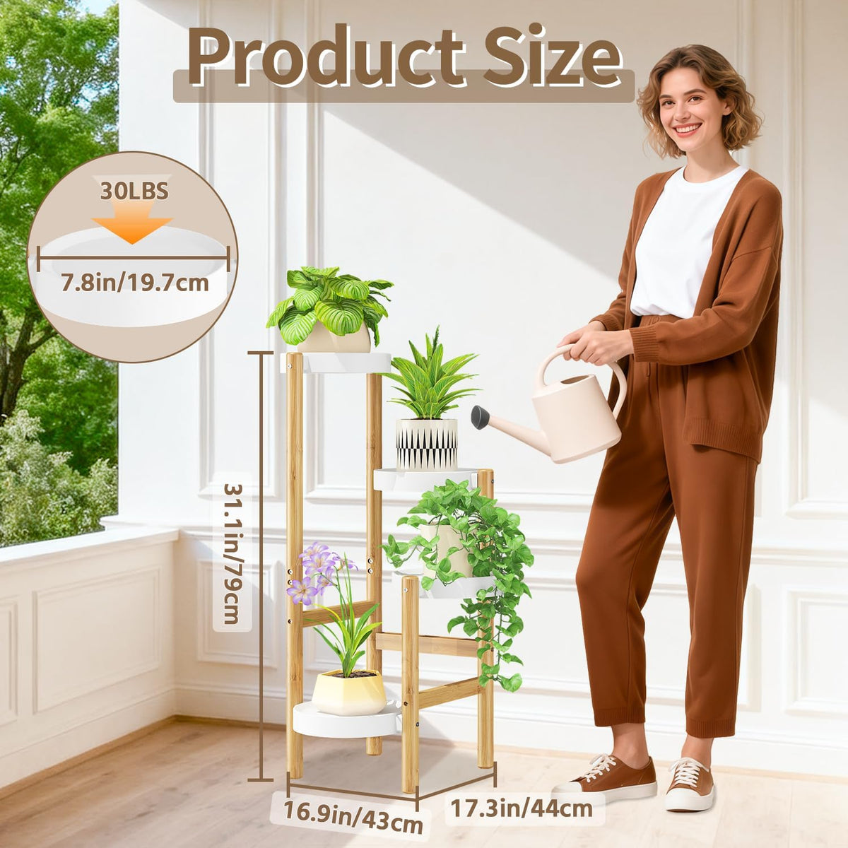 LASZOLA Plant Stand Table Tall for Indoor Corner, 4 Tier Bamboo White | Multiple Level Vertical Planter Rack, Flower