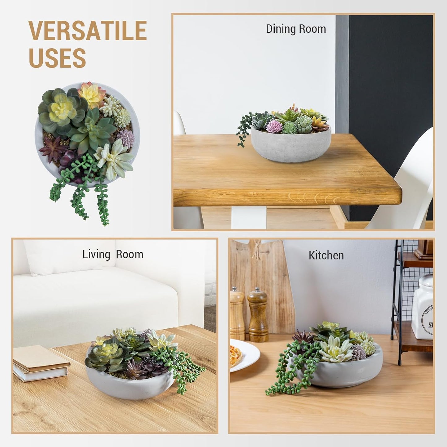 Round Modern Artificial Succulent Arrangement Potted in Gray Concrete Plant Bowl / Grey / 8 Inch