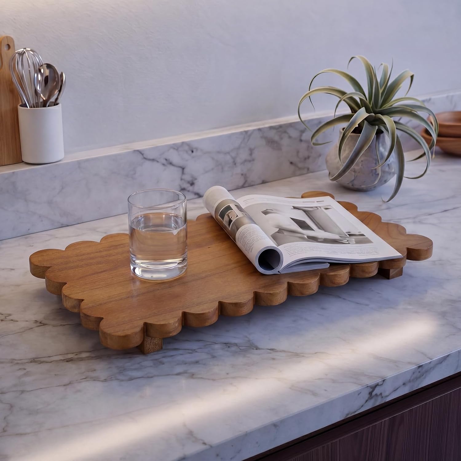Scalloped Wood Riser Tray Soap Rustic Bathroom Decoration / Walnut Color / 16'' x 8'' x 1.4 / Square