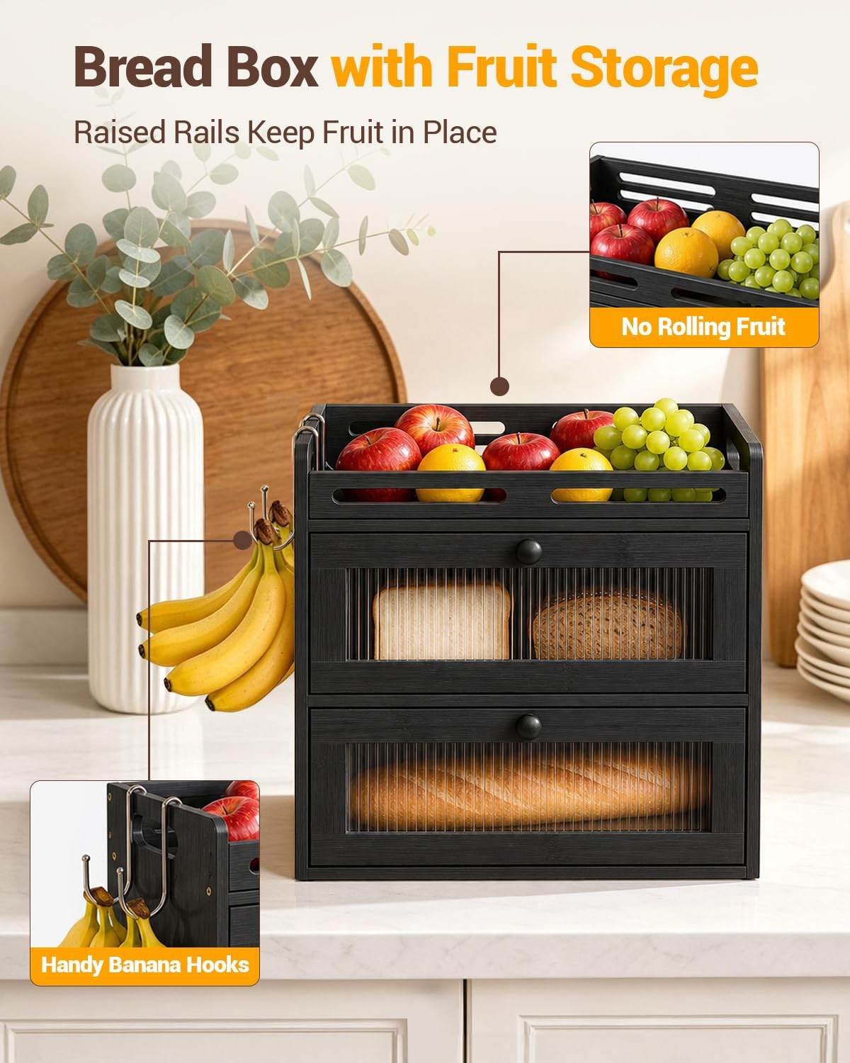 Bread Box for Kitchen Countertop, 2-Tier Bamboo Storage with Raised Shelf | Black, Large Bread Container, 2 Banana