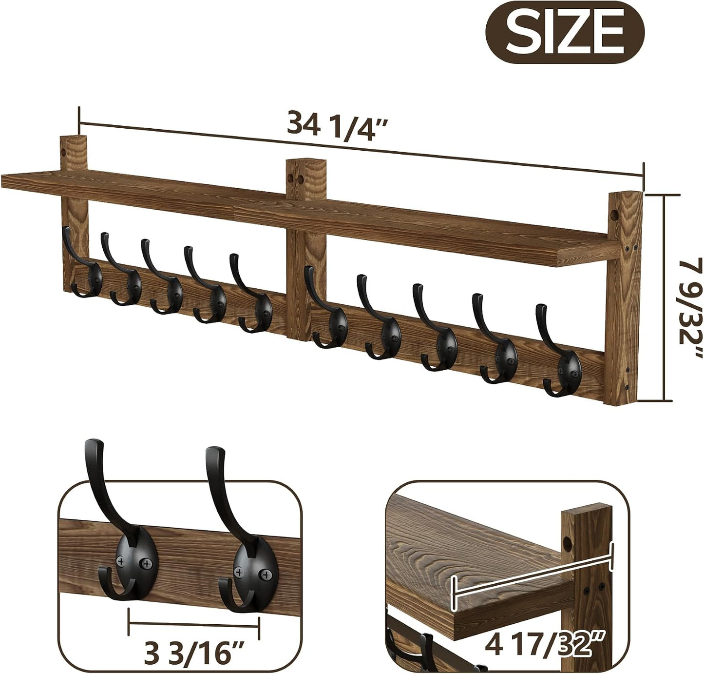 AMBIRD 34.2 inch Wooden Extra-Long Wall Hook Rack with Shelf - Versatile and Decorative Wall-Mounted Storage - 10 Hooks