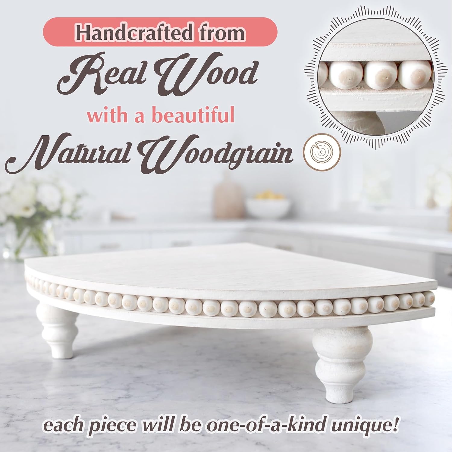 Farmhouse Wood Rounded Beaded Tray / Rustic White