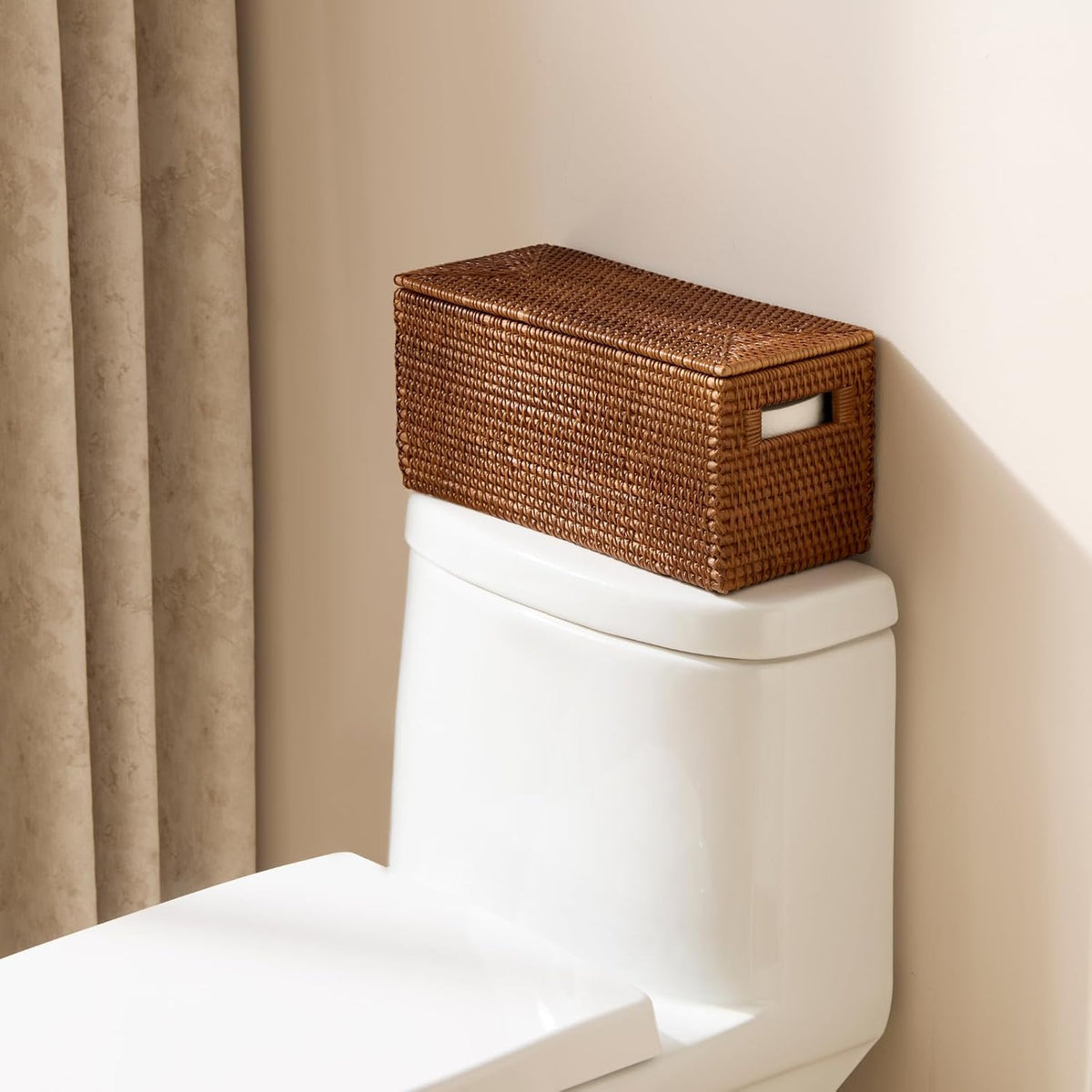 YANGQIHOME Toilet Paper Basket, Rattan Toilet Tank Basket for Bathroom, Wicker Baskets with Lid for Storage, Brown
