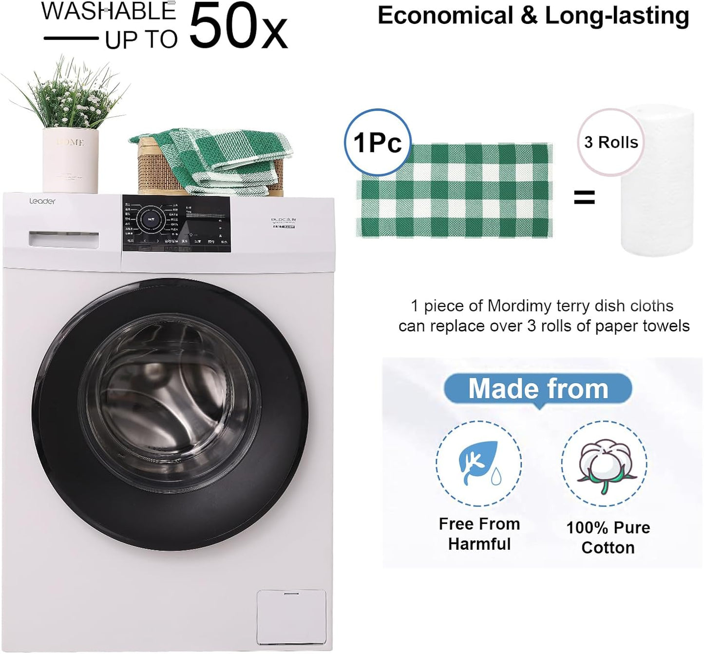 Mordimy 8 Pack Kitchen Towels and Dishcloths Set, Dark Green & White | 28 X 13 Inch and 12 X 12 Inch, Super Soft