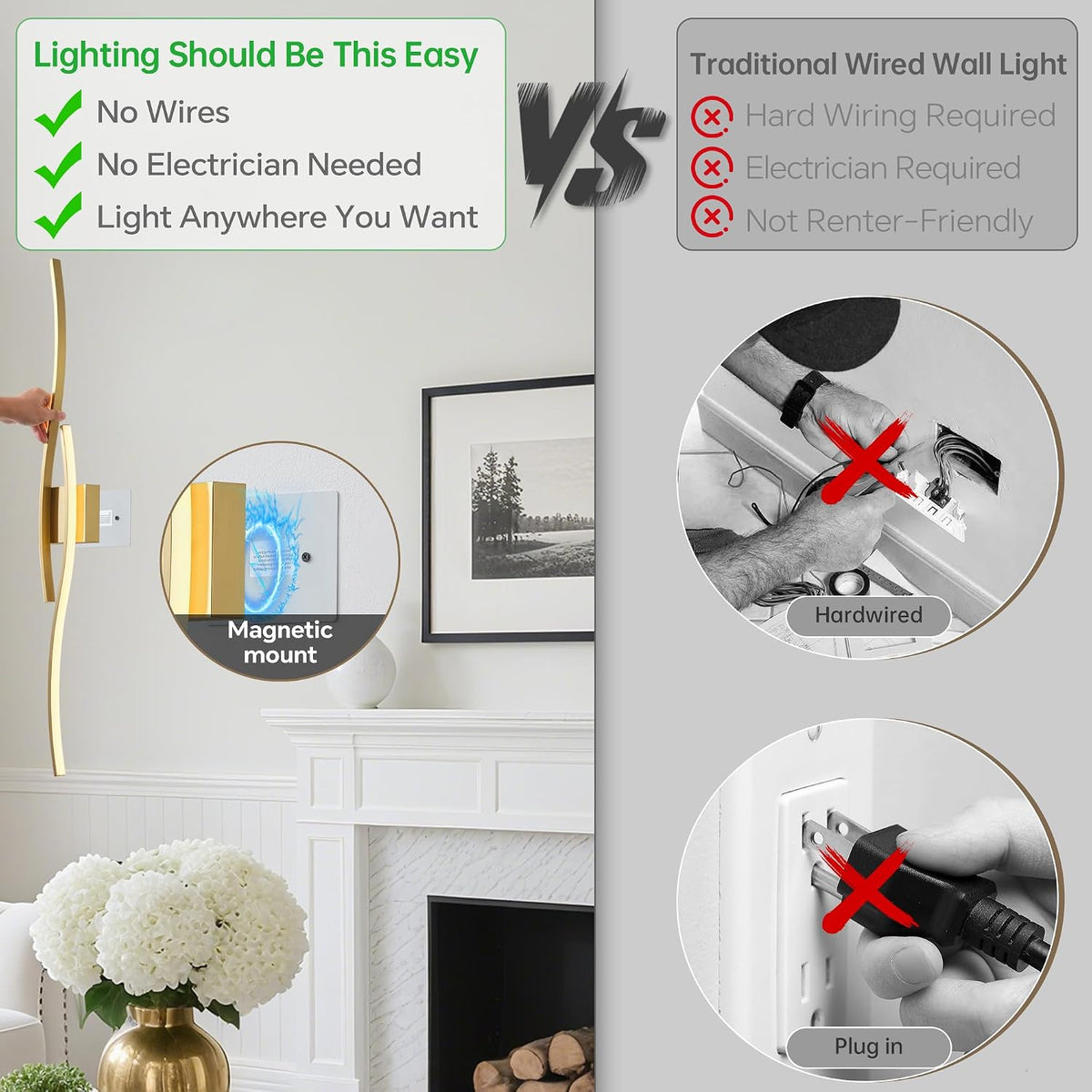 Wireless Wall Sconces Set of Two, Dimmable, 3CCT, Up to 65H Runtime | 3 Color Temps, Stepless Dimming, Timer, Modern