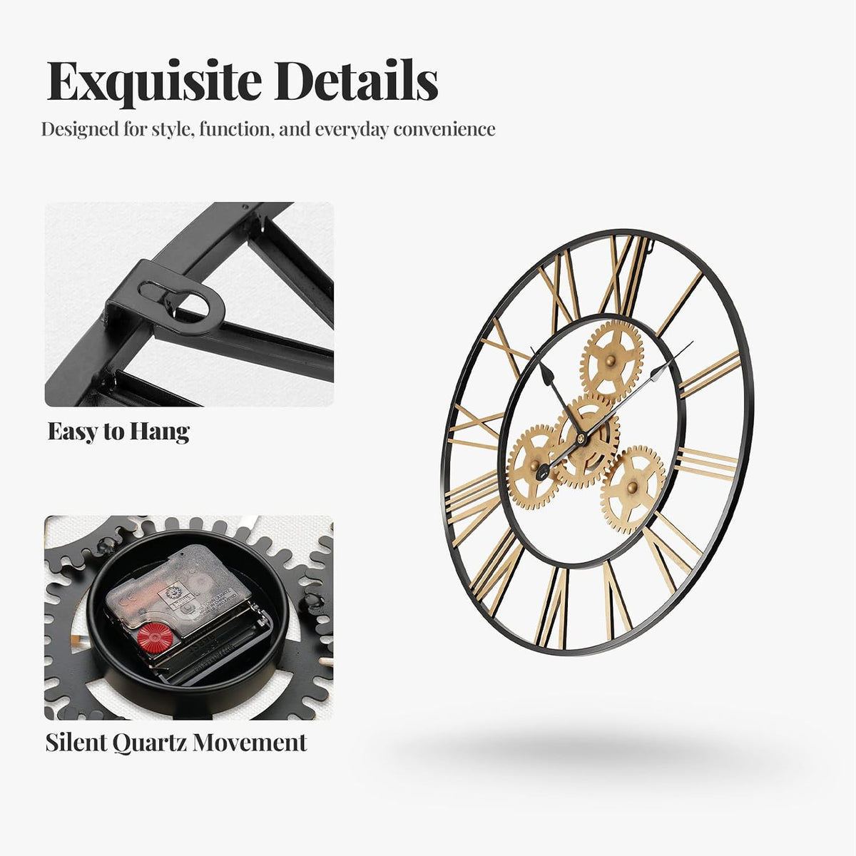 Cuspin 24 Inch Wall Clock Black Gold Industrial Metal Gear Decorative Clock | Silent non ticking, battery operated