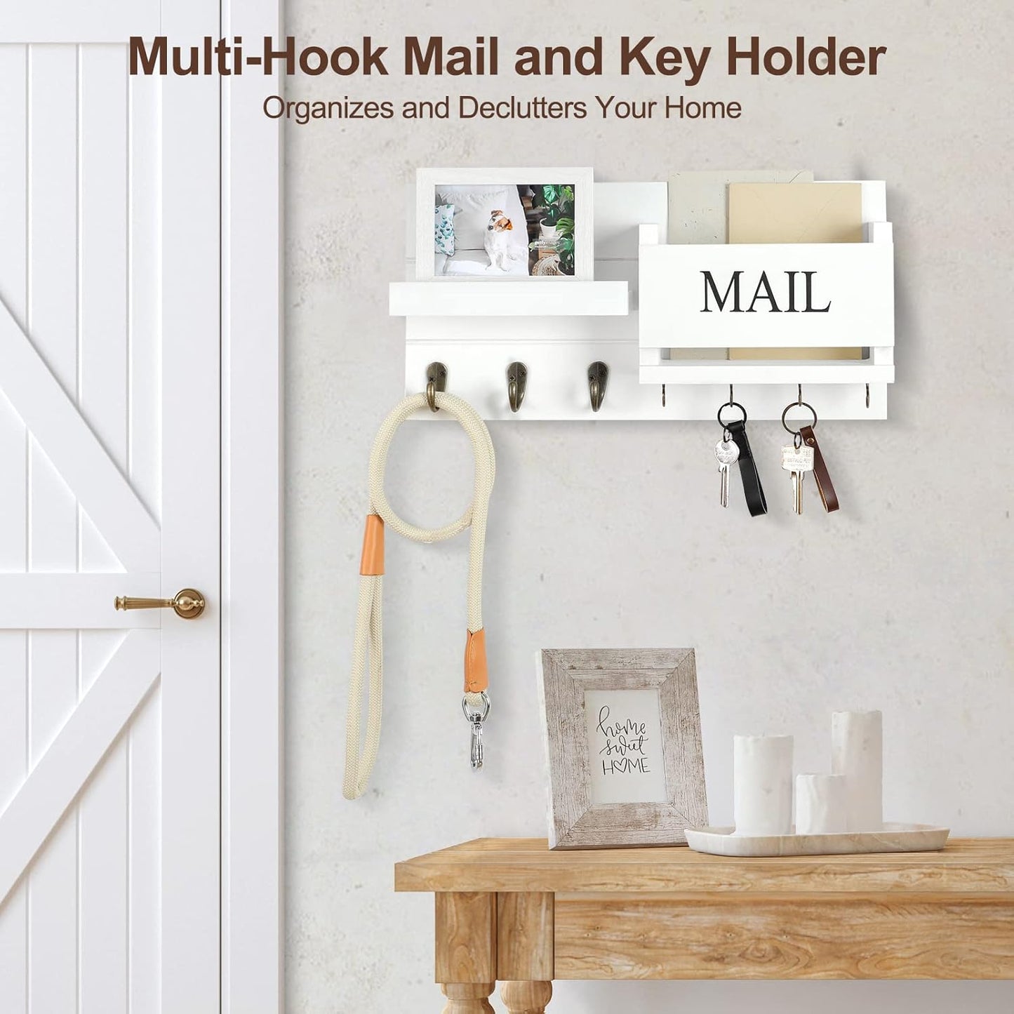 Shelf Includes Letter Holder and Hooks for Hallway Farmhouse / White