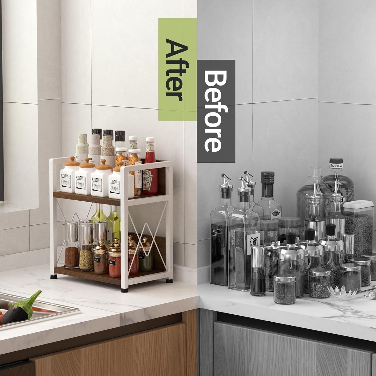 Aduanbang Coffee Bar Accessories Organizer, 2 Tier Wooden Kitchen Counter Shelf, Coffee Organizer Station for