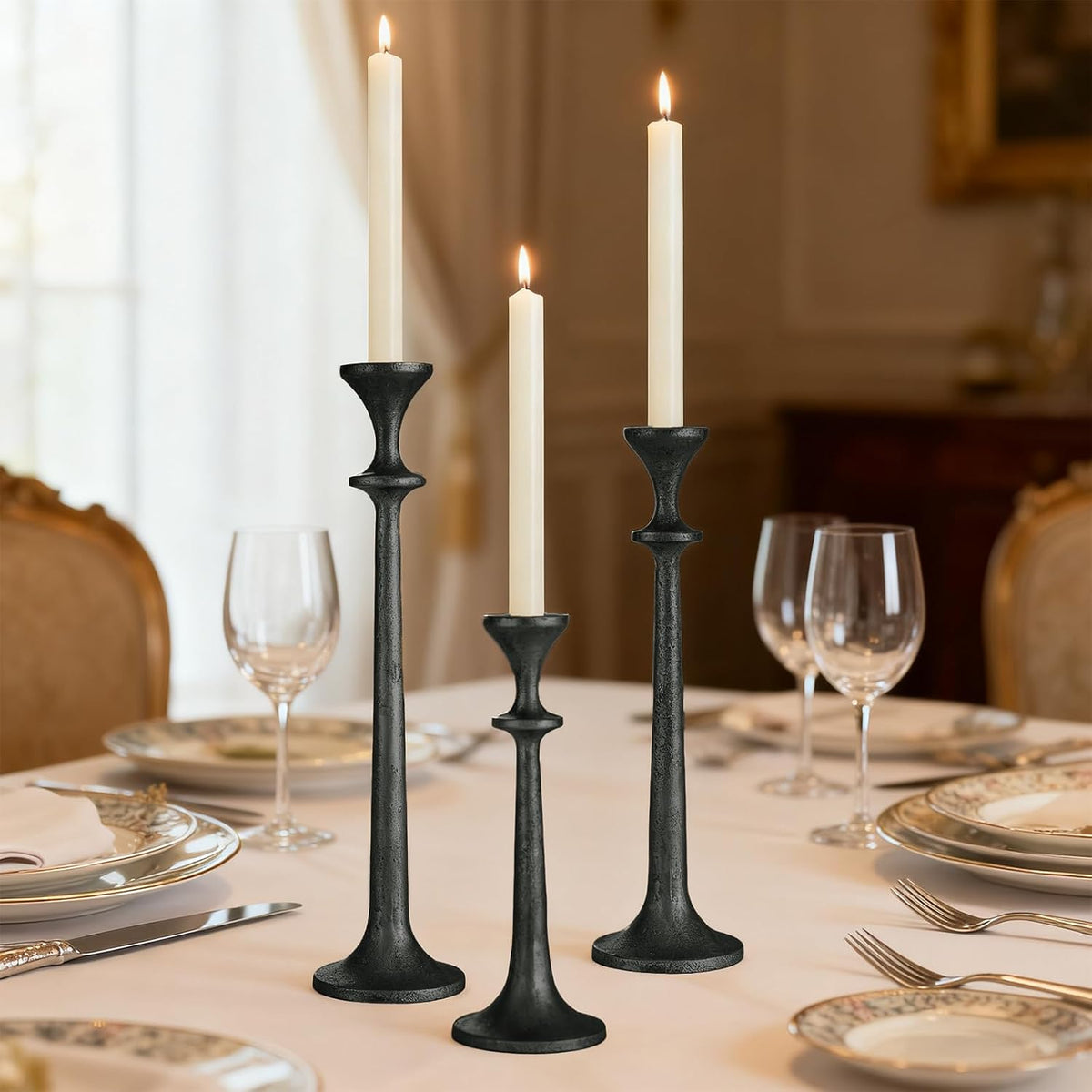 Black Taper Candle Holders Set of 3 Heavy Cast Iron Black Candlestick Holder for Table Centerpiece Modern Decorative