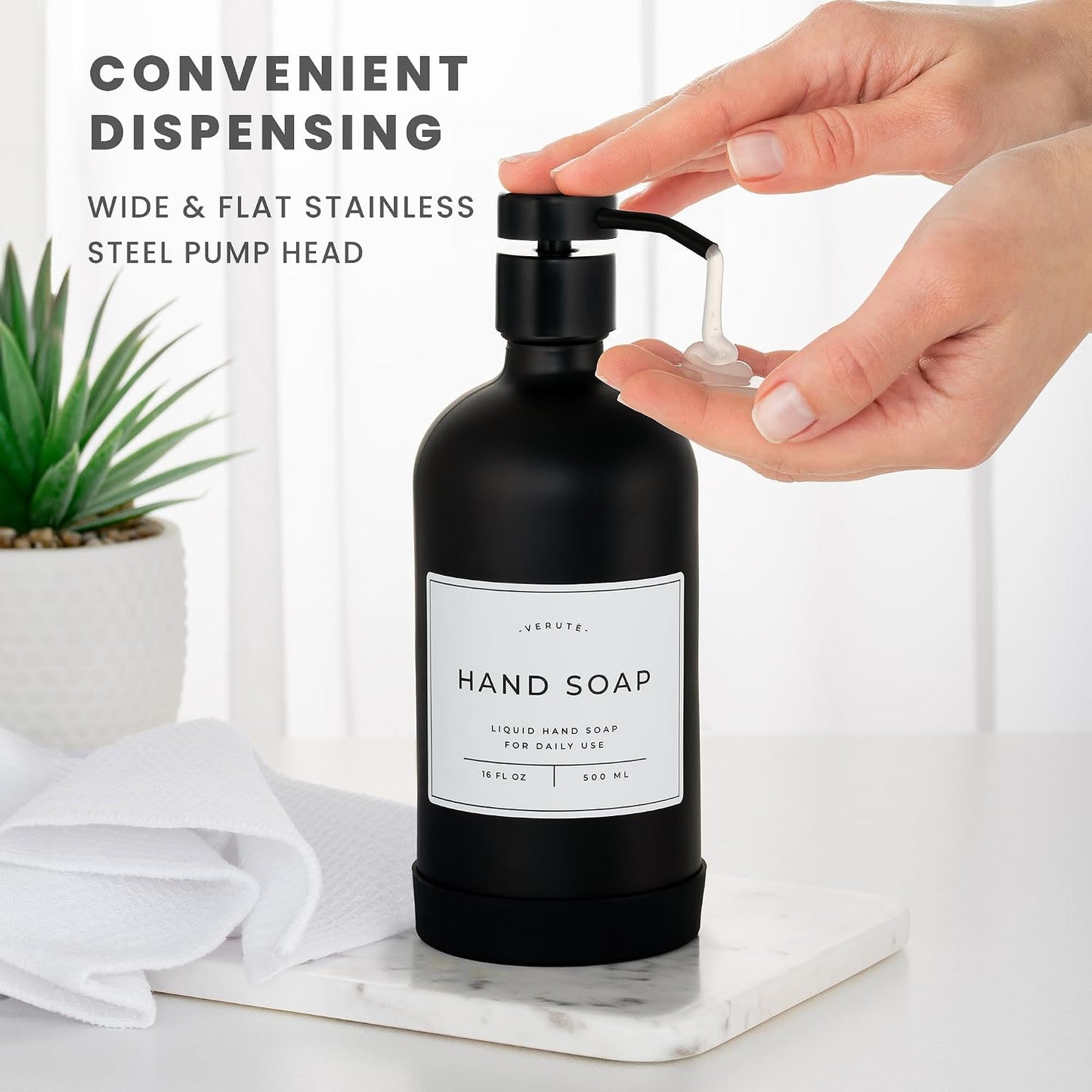 Hand and Dish Soap Dispenser for Kitchen and Bathroom, Set of 2 16 Oz Glass Bottles, Stainless Steel Pumps, Non-Slip