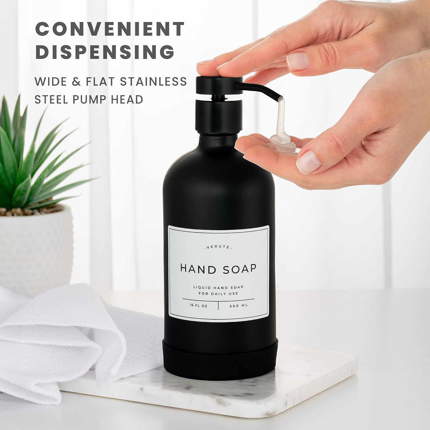 Hand and Dish Soap Dispenser for Kitchen and Bathroom, Set of 2 16 Oz Glass Bottles, Stainless Steel Pumps, Non-Slip