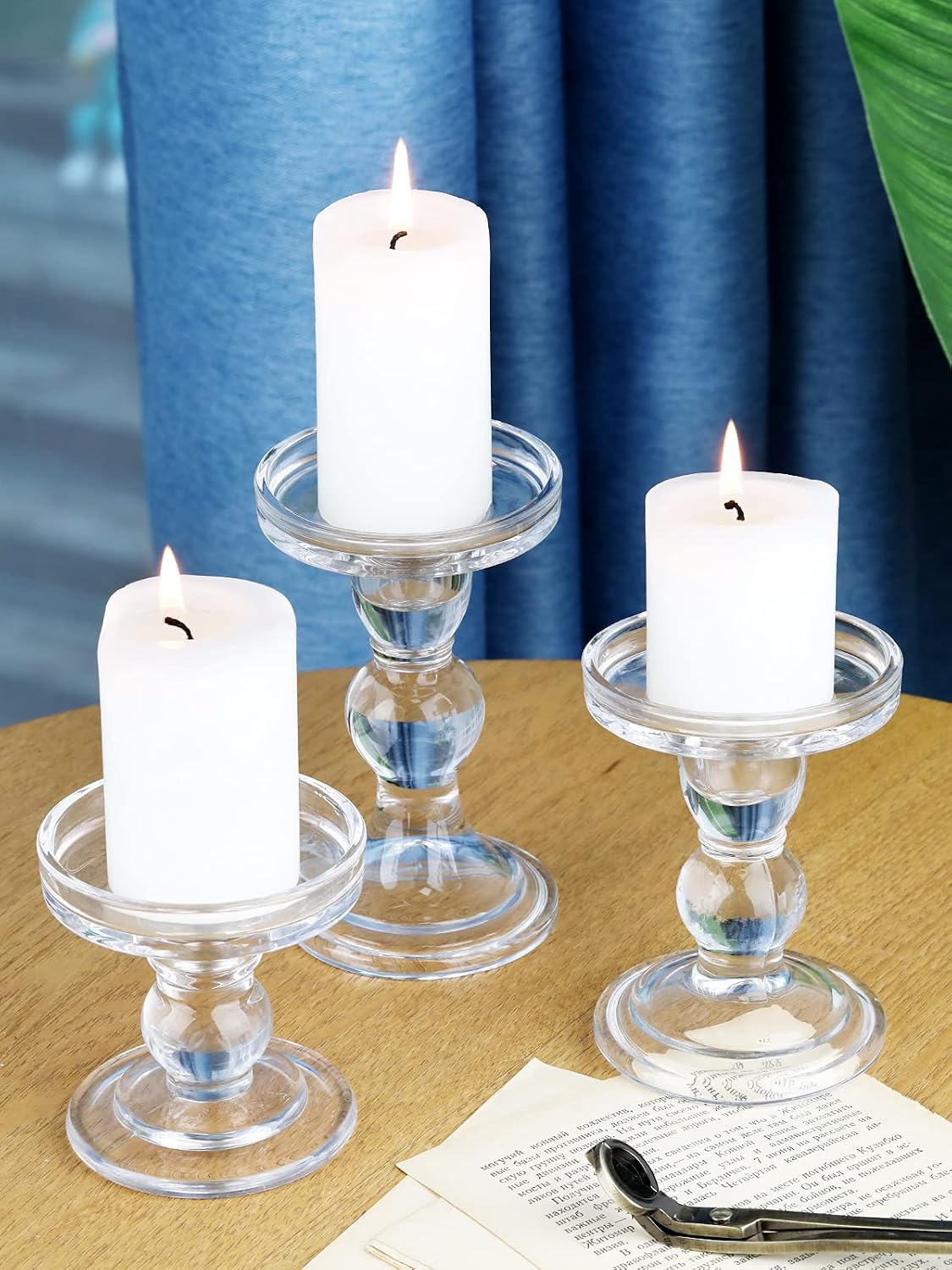 Lewondr Glass Candle Holders, Pillar Candle Holder, 3 Pcs, Crystal Clear | 5.5" 4.5" 3.5" Height, Glass Candlestick