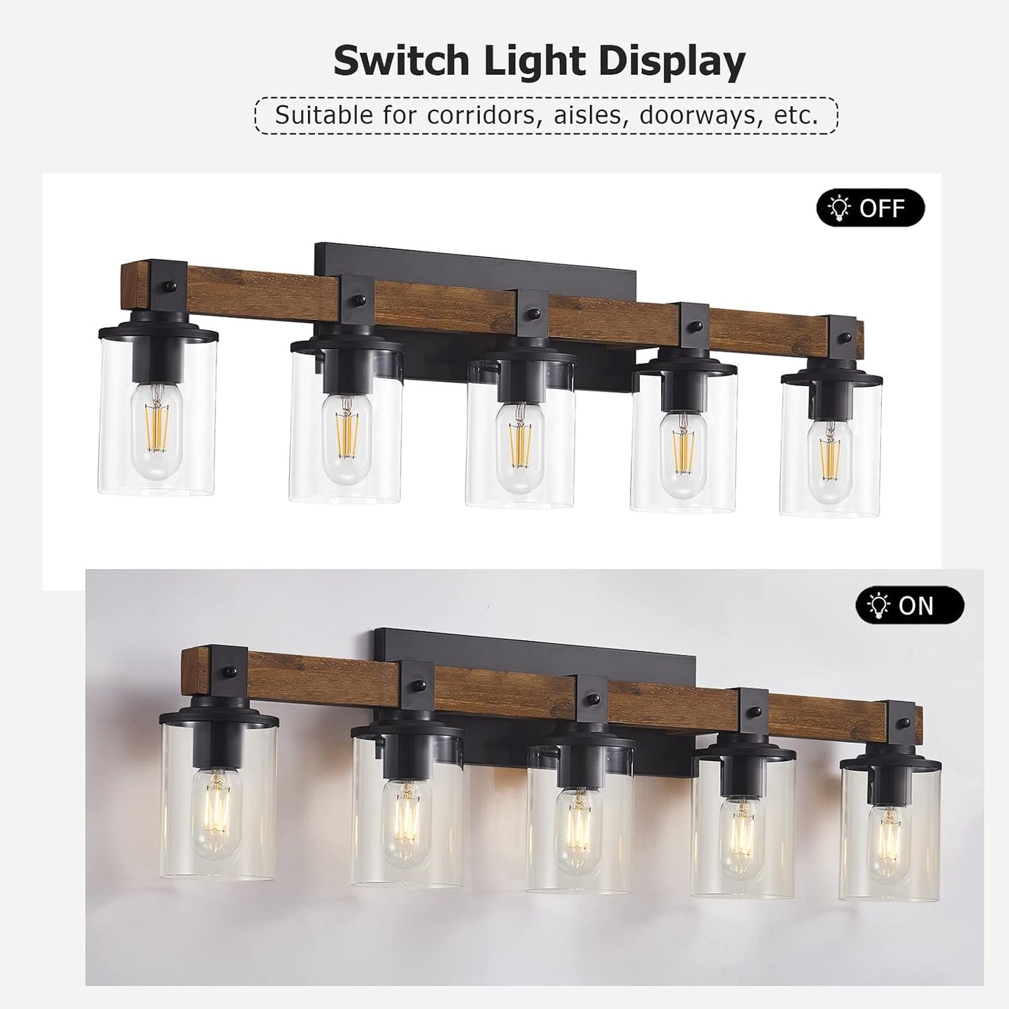 DUJAHMLAND Farmhouse Vanity Lights, 5-Light Wood Bathroom Wall Lighting with Clear Glass, Industrial Metal Wall Sconce