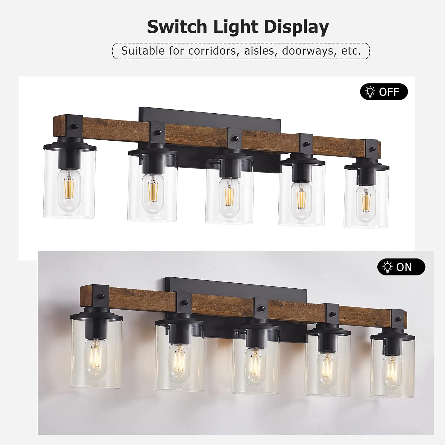 DUJAHMLAND Farmhouse Vanity Lights, 5-Light Wood Bathroom Wall Lighting with Clear Glass, Industrial Metal Wall Sconce