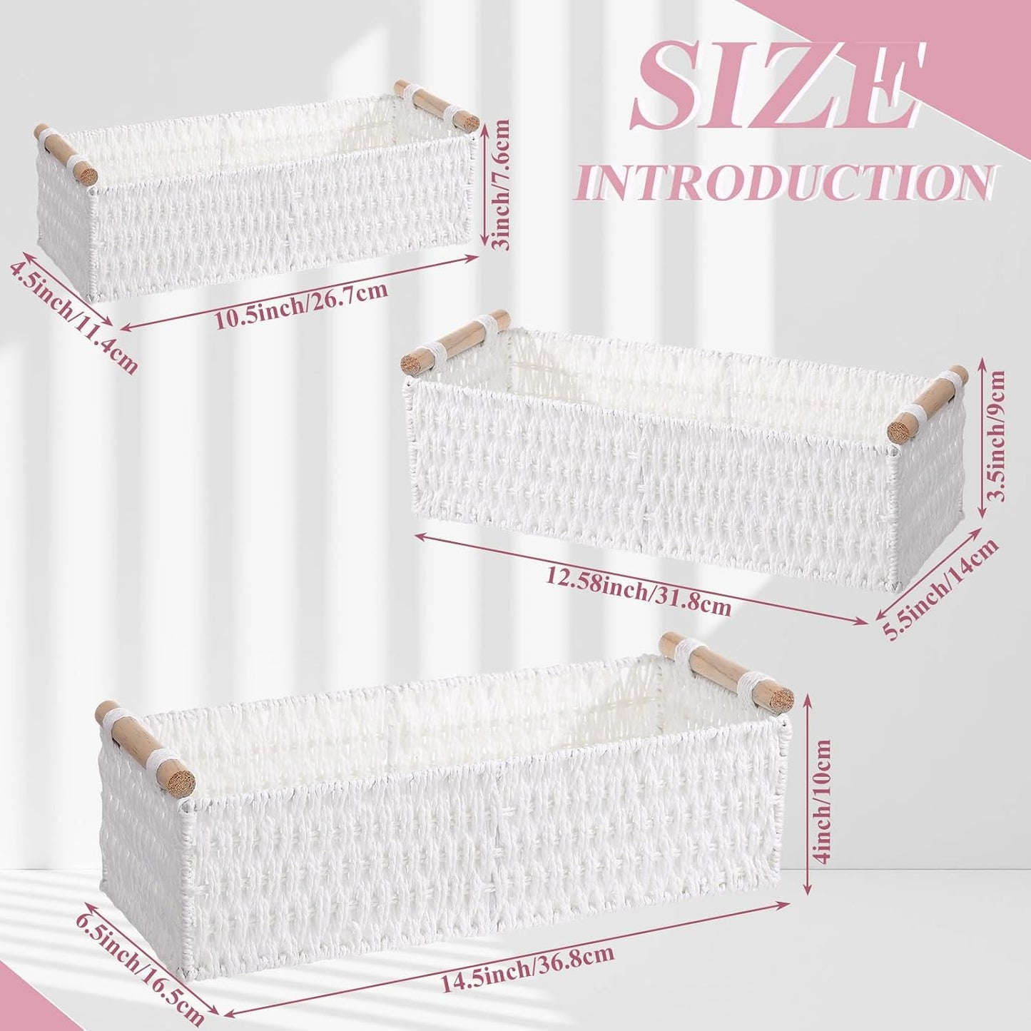 Boho Storage Wicker Baskets Handmade Woven Decorative Paper Rope / White / Rectangle / Set of 3