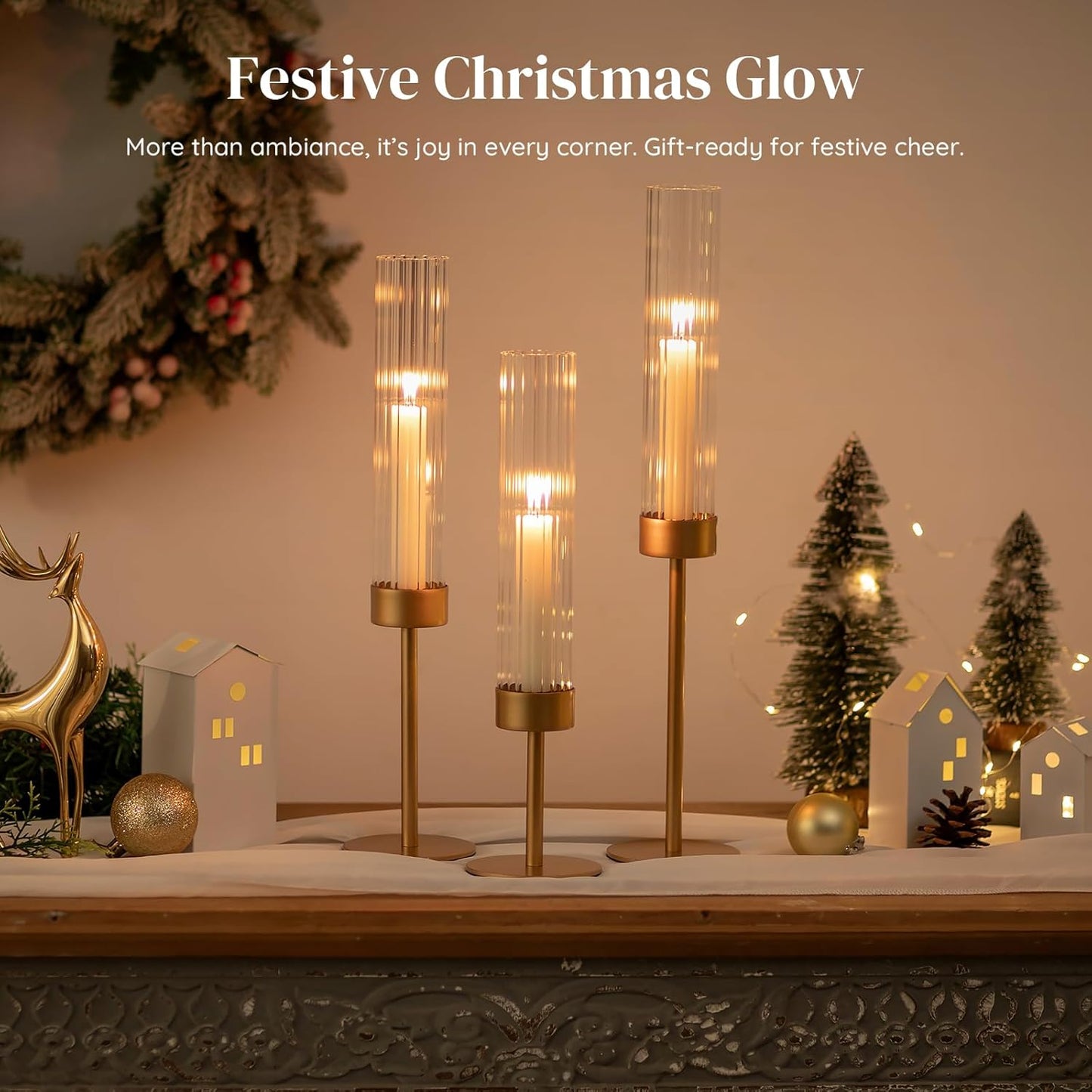 Glasseam Hurricane Gold Candlestick Holders: 6Pcs Taper with Glass Cylinder | Brass Candle Stick, Ribbed, Fluted Shade