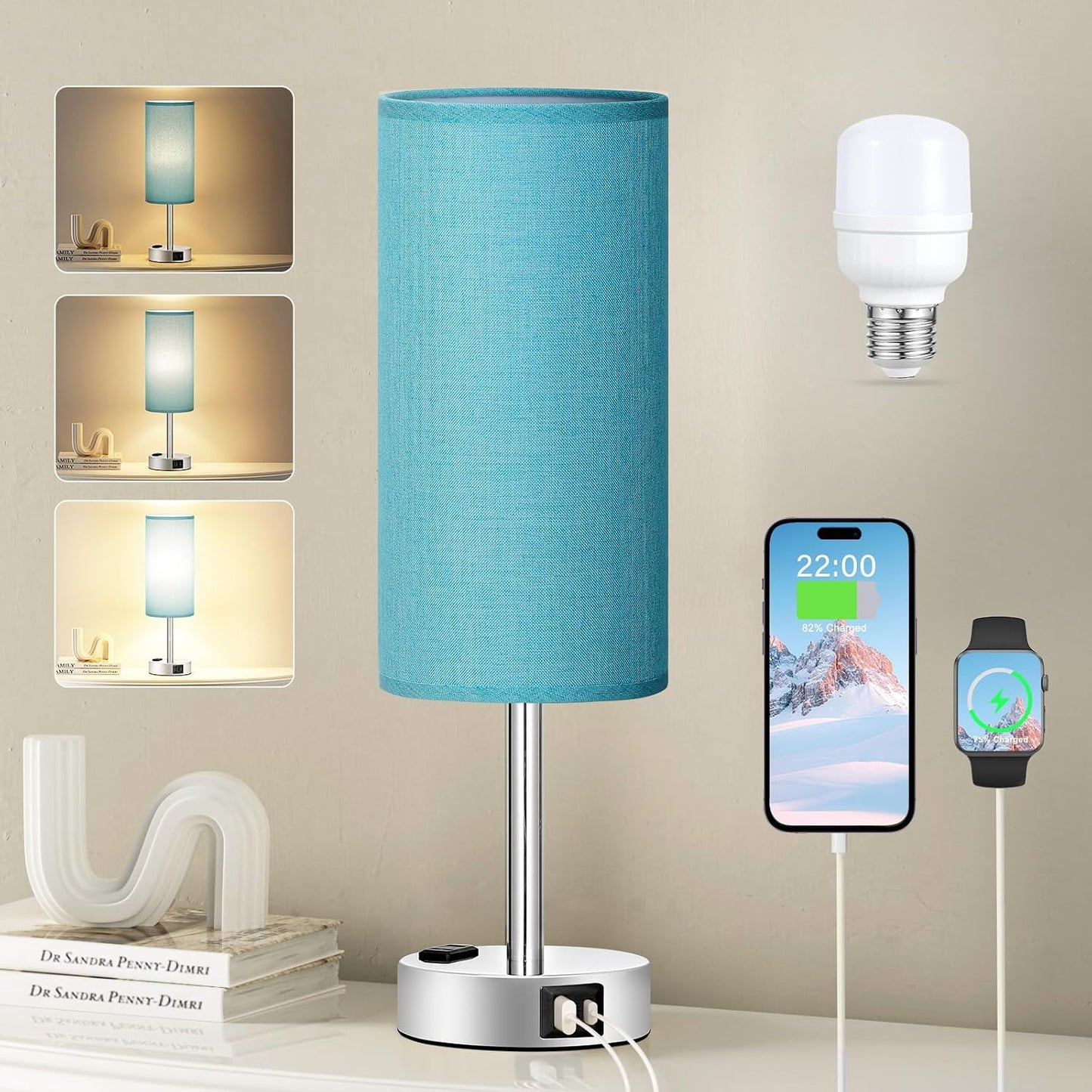 Fenmzee Light Beige Bedside Table Lamp, Dimmable Touch, USB A+C, AC Outlet