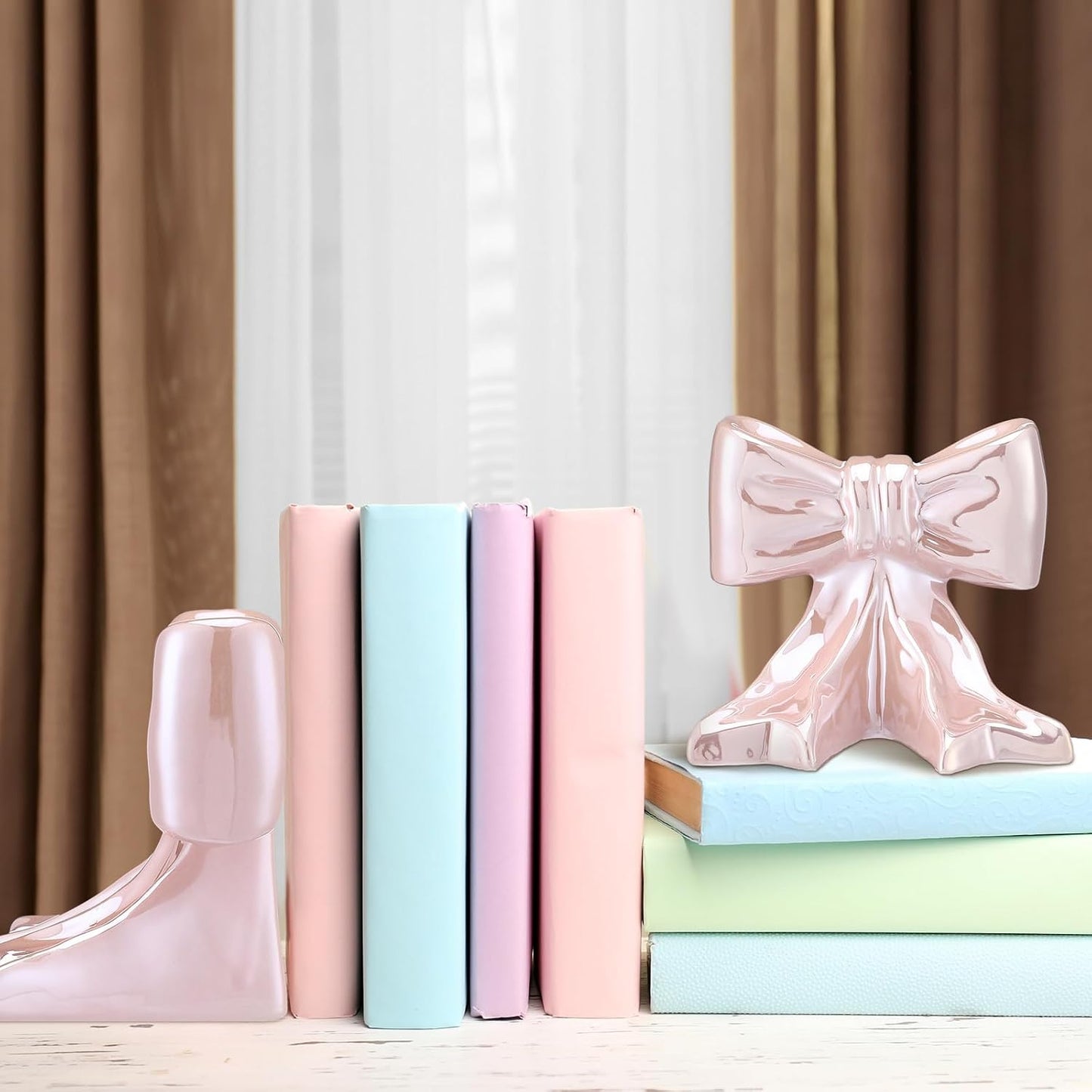 Bow Bookends Ceramic Book Ends Decorative Book Stand Bow Sculpture Statues / Pink / Set of 2