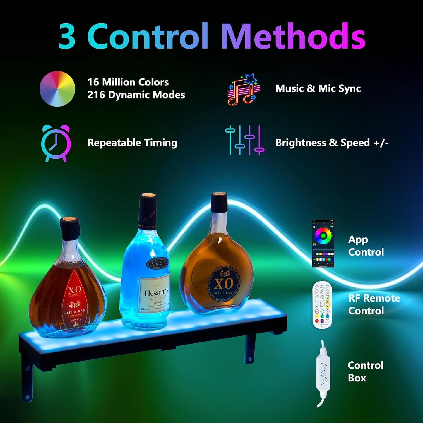2 Pack Led Lighted Liquor Bottle Display Shelf, 20 Inch 1 Tier Wall Mounted Whiskey Rack, Bar Stand with RF Remote &