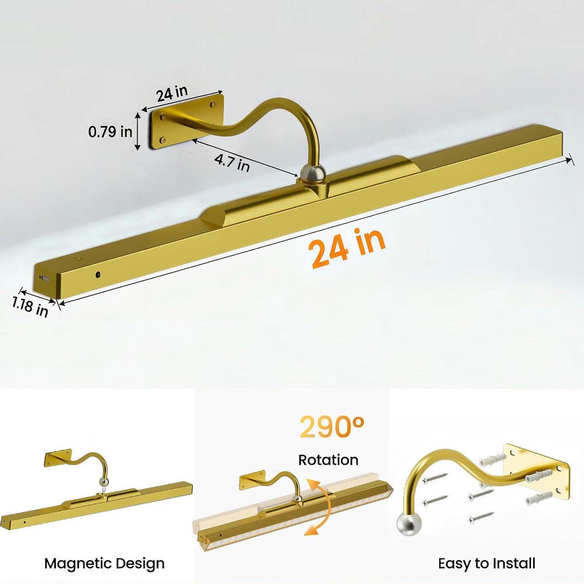 3 Pack Gallery Picture Frame Lights - 24Inch Gold Battery Wireless Wall Mounted Lighting for Large Art, Posters, Canvas