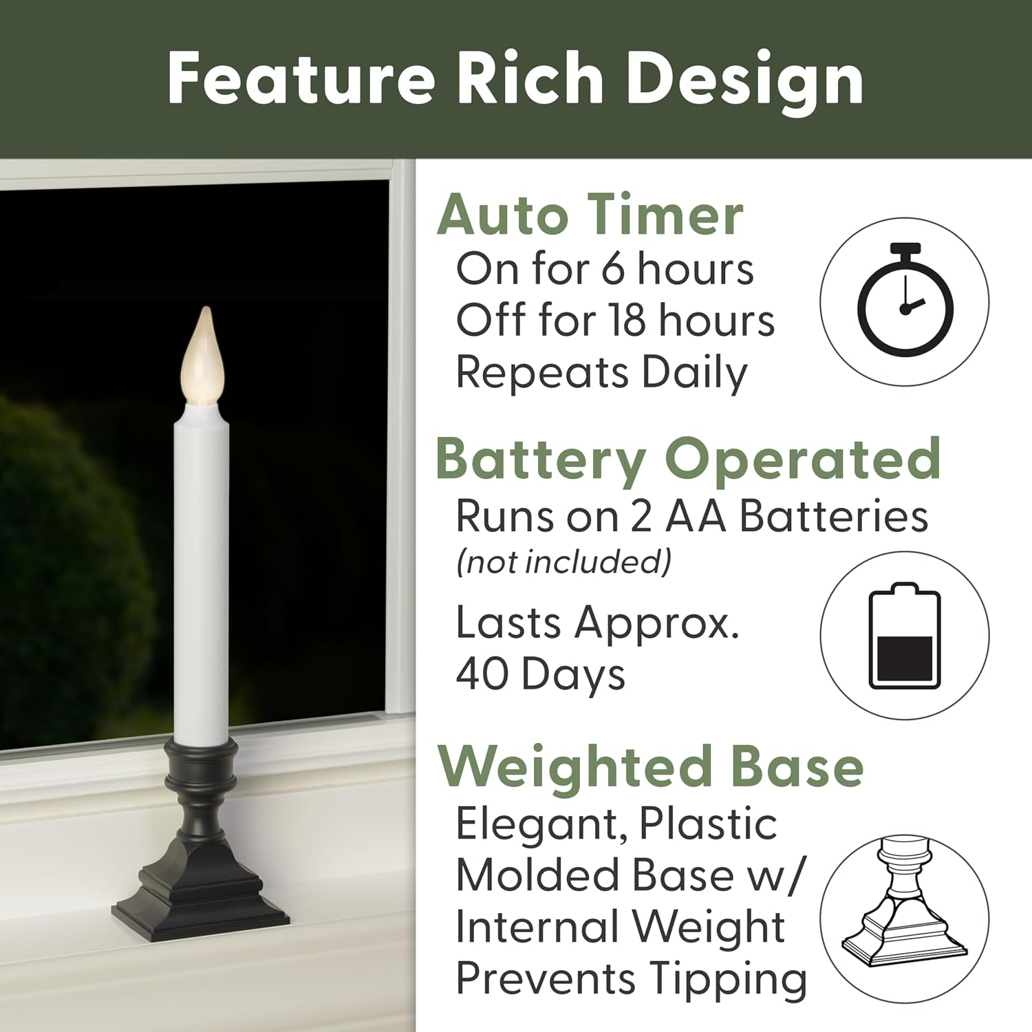 Bright White LED Battery Operated Window Candles, Bronze 4-Pack | Automatic Timer, Bright Hot Spot, Weighted Plastic