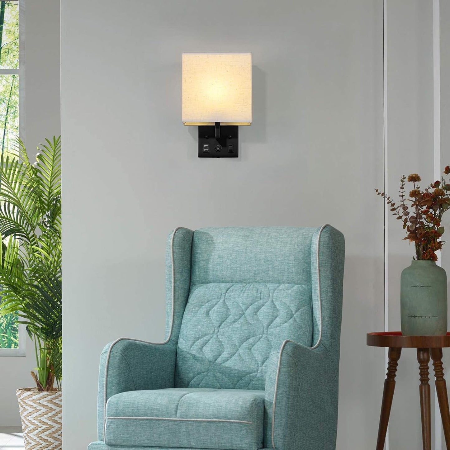 BTY Modern Wall Sconces Set of 2, Wall Lamps Bedroom Plug in with USB Charging Ports AC Socket Sconces Wall Lighting
