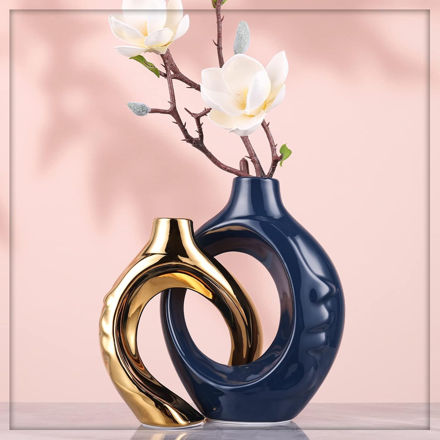 Navy Blue Home Decor Ceramic Vase / Blue Gold / Set of 2