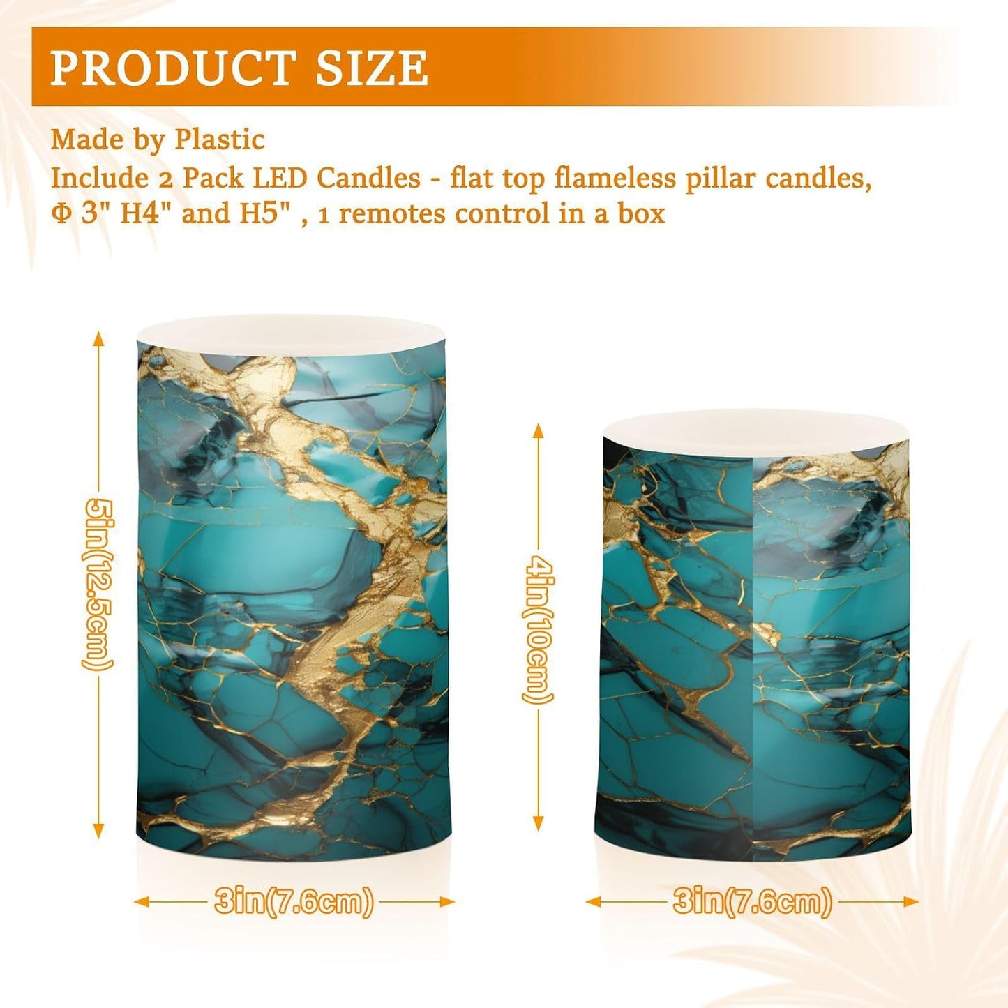 Flickering Flameless Candles, Turquoise Golden Marble LED Candles with Remote Timer, Set of 2 Battery Operated Candle