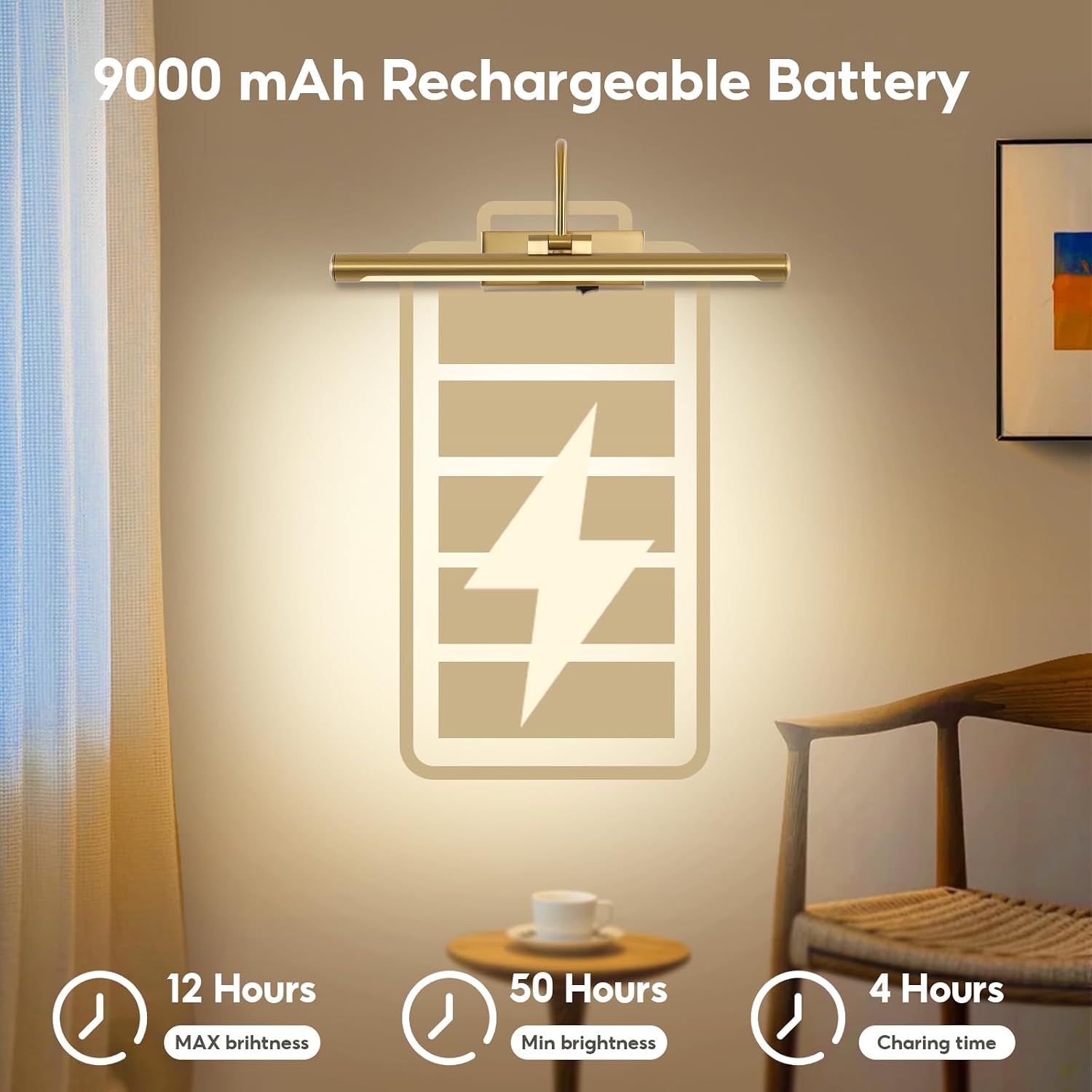 24" Wireless Battery Operated Picture Light for Wall Brass Gold Rechargeable Wall Light with Remote and Timer 9000mAh