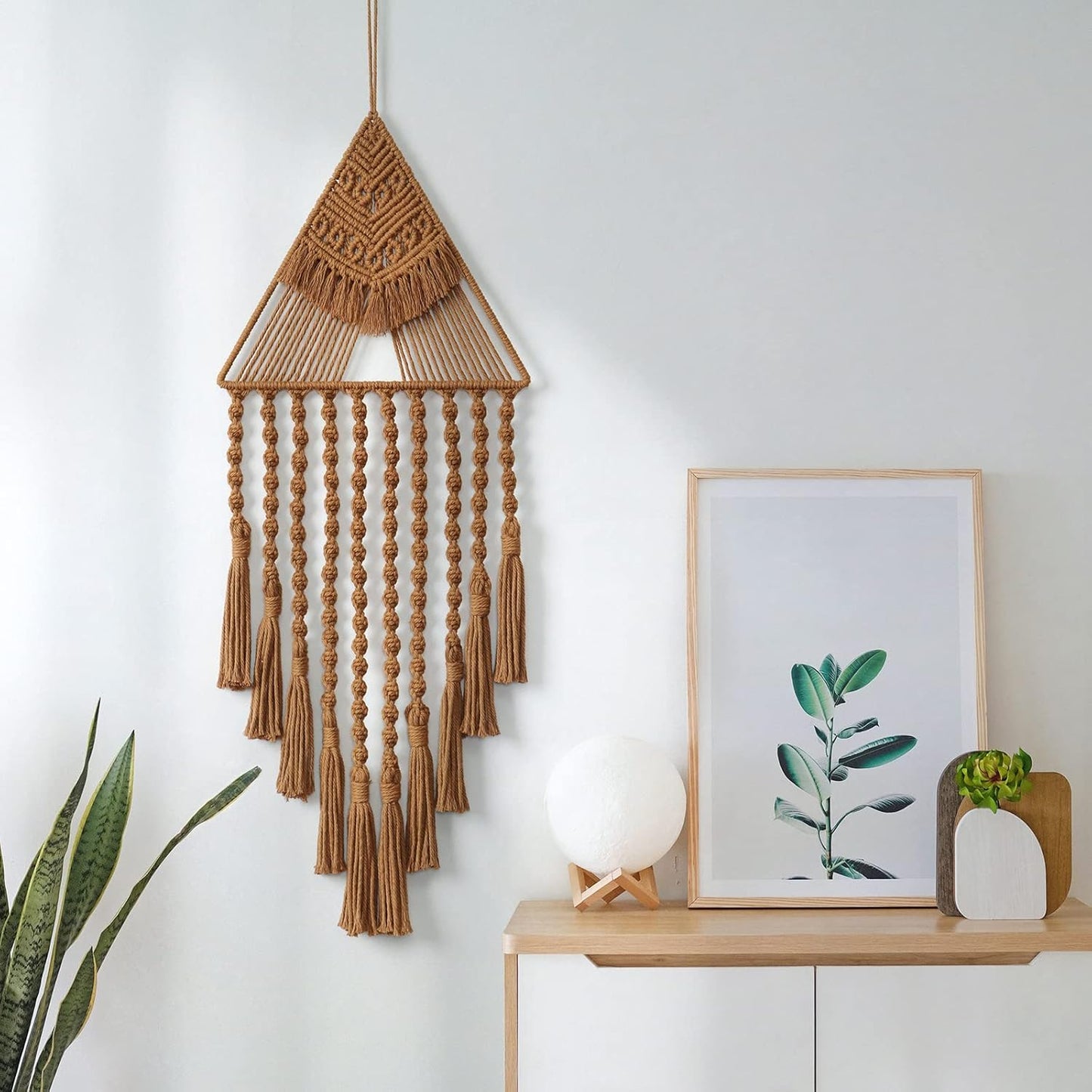 Macrame Woven Wall Hanging Dream Catcher Triangle Tassel Geometric Art Boho Backdrop / Brown