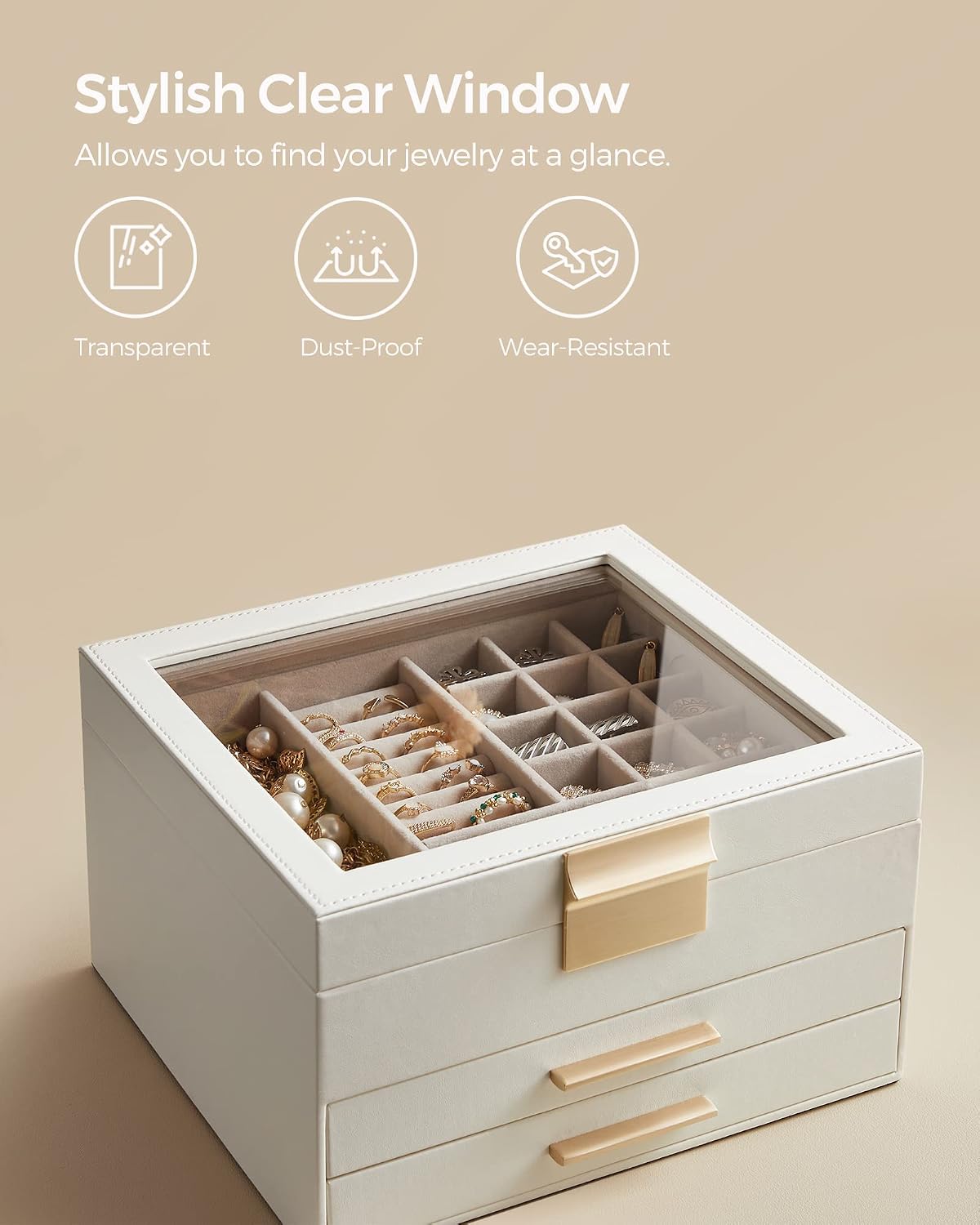 Jewelry Box Organizer / 3 Layer / Cloud White + Gold