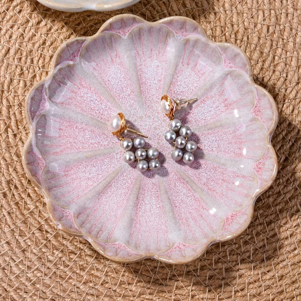 Ceramic Ring Dish Holder Jewelry Tray Trinket Dish Vintage Lotus Shaped / White and Pink / Set of 2