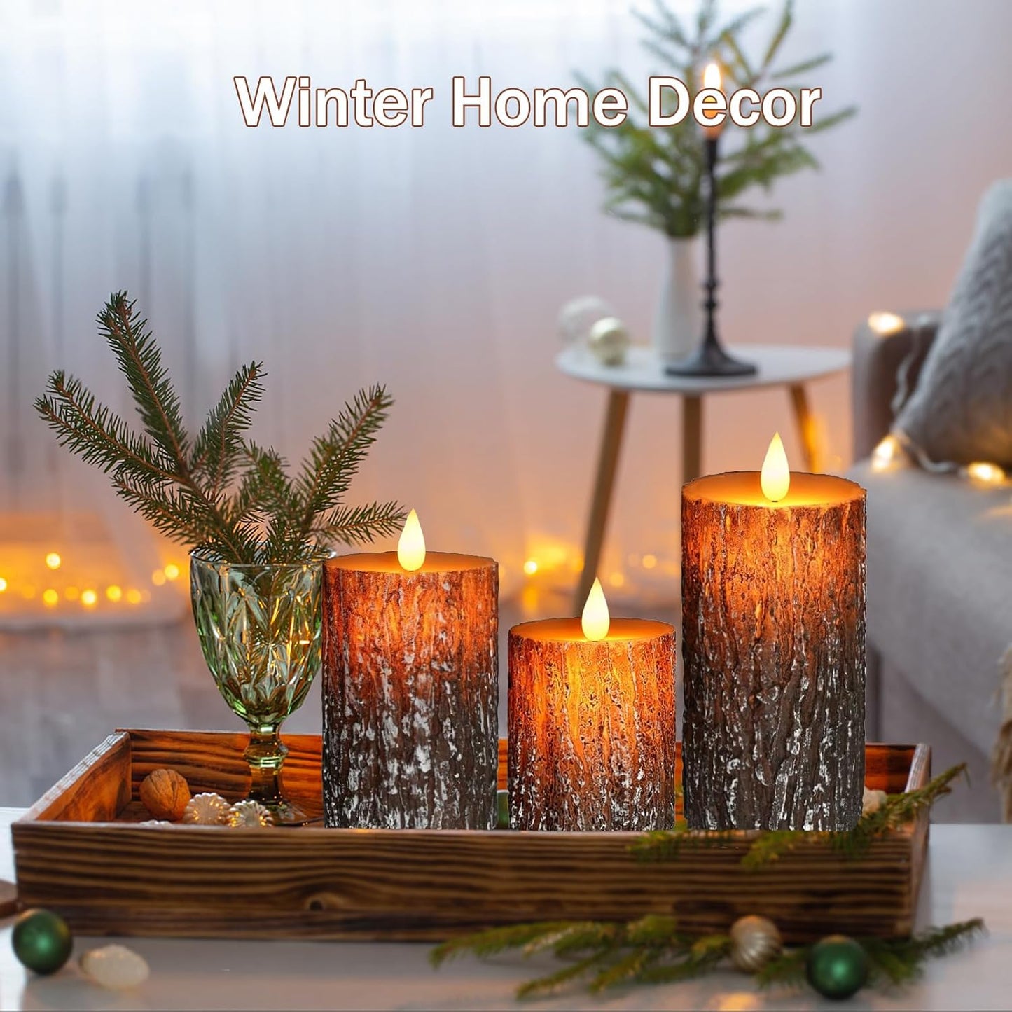 Pine Bark Flameless Candles Set of 3, Christmas Candles with Remote & Timer | Flickering Real Wax Pillar Candles
