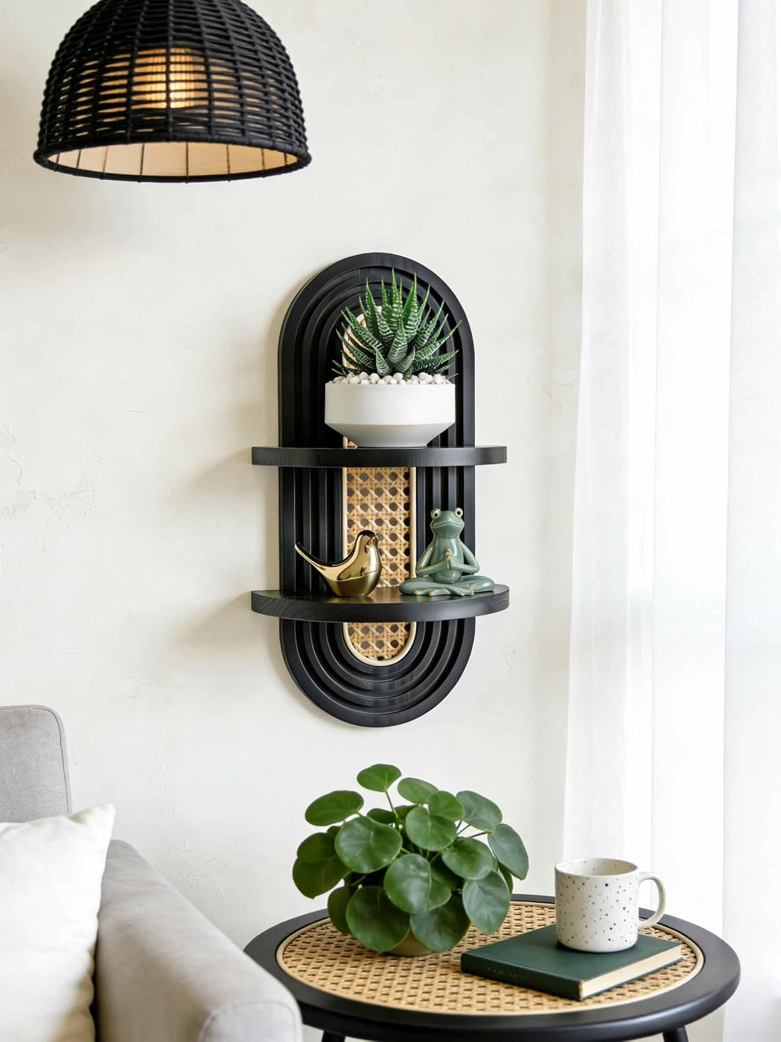 2-Tier Woven Rattan Floating Shelves / Black