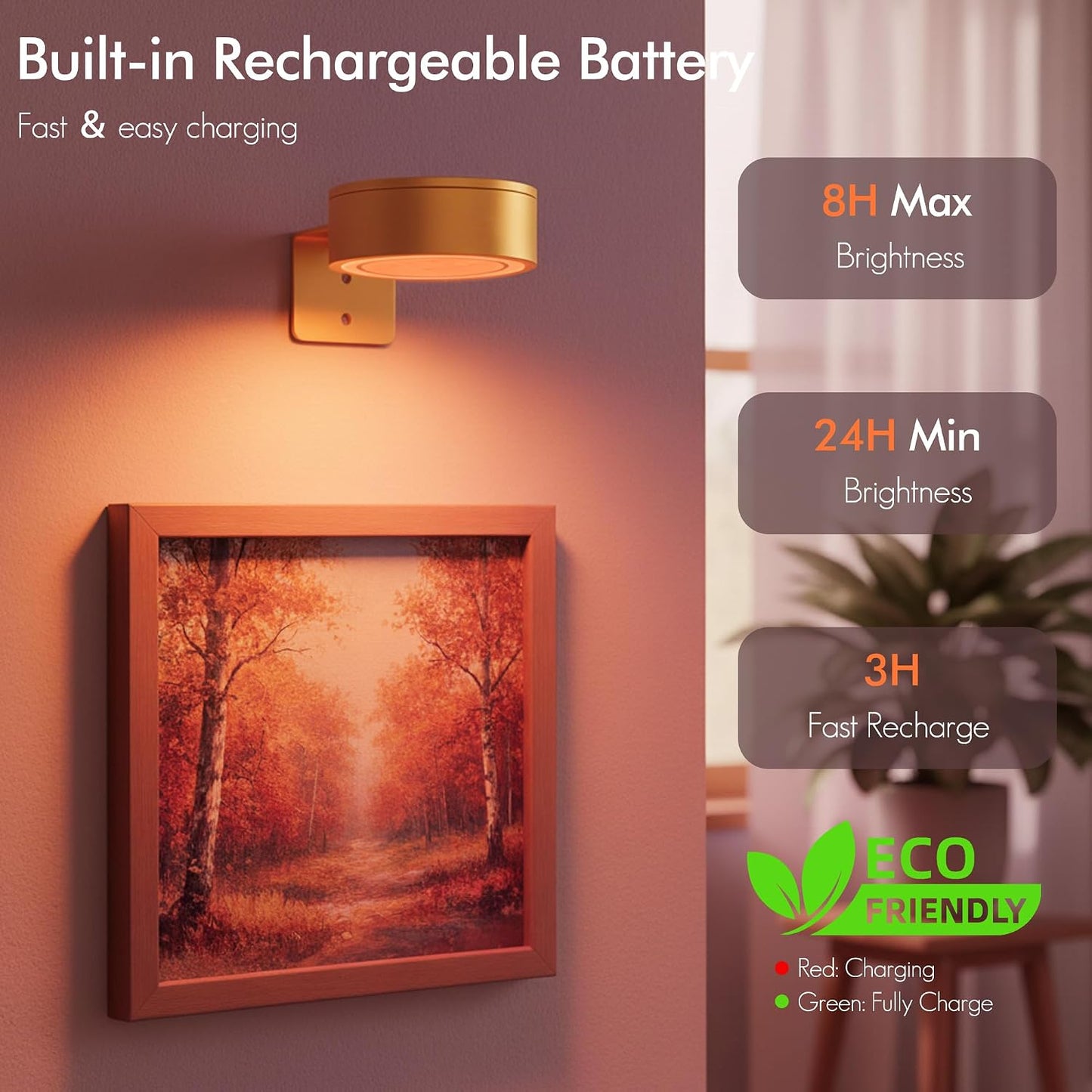 Picture Lights for Wall, Rechargeable Battery Wireless Poster Lights, Gold | LED Magnetic Painting Light with Remote