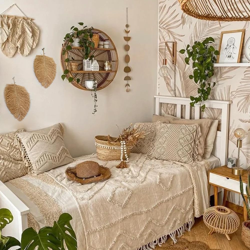 Boho Raffia Leaf Wall Hanging Decor / Brown / Set of 2