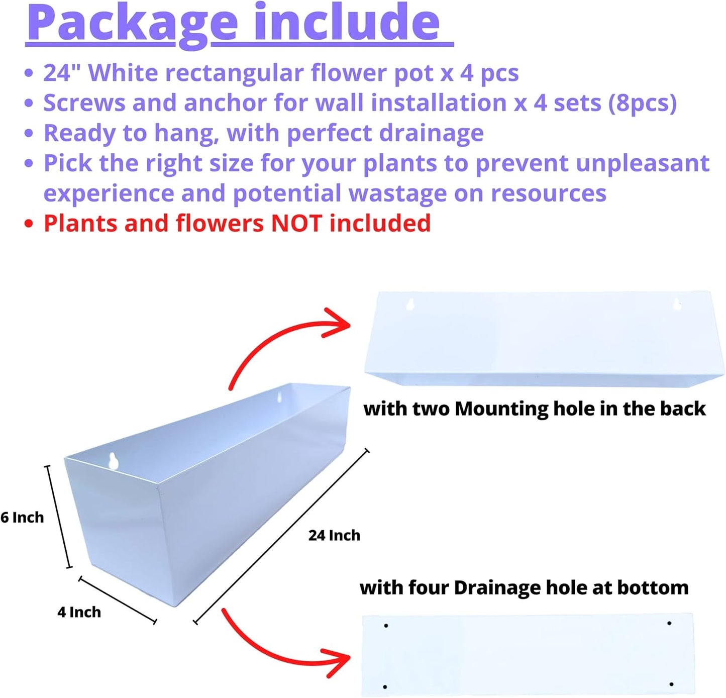 LaLaGreen Wall Planters Carbon Steel Metal Hanging Flower Pots / 24 x 4 / 24" x / White / Set of 4